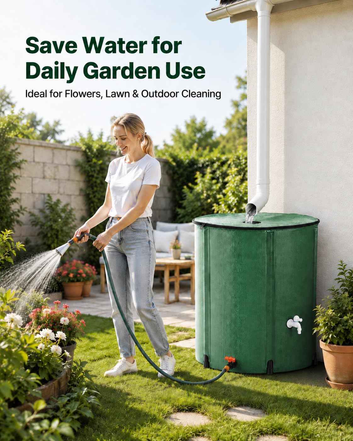 200 Gallon Collapsible Rain Barrel, Portable Rainwater Collection System, Water Storage Tank, Rain Catcher Barrel with Two Spigots and Overflow Kit, Rainwater Barrels Collector for Garden, Green