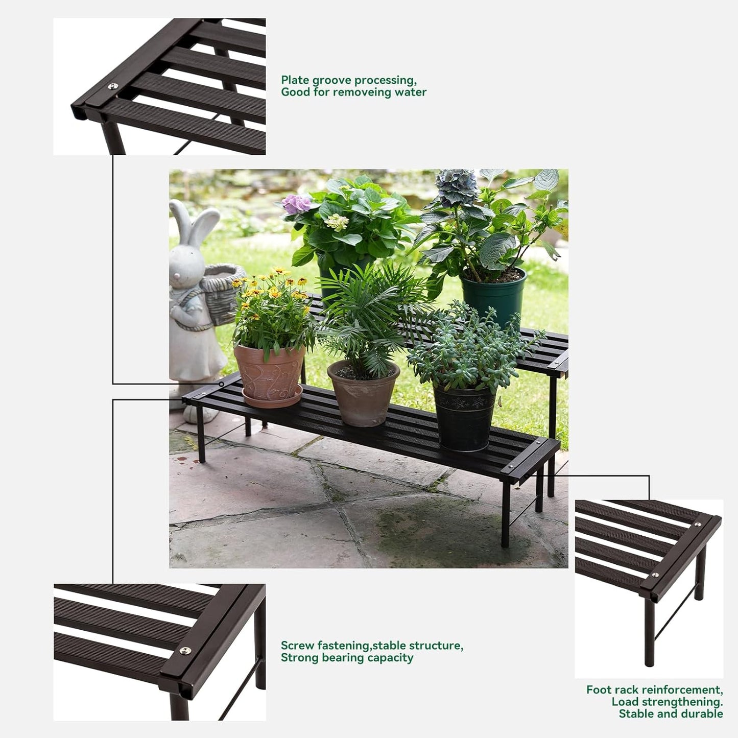 Metal Plant Stand, Rust-proof Aluminum Flower Pot Stand, Heavy Duty Planter Display Shelving for Patio Balcony Garden Living Room Decorative (Ebony, 47.2 Inch)