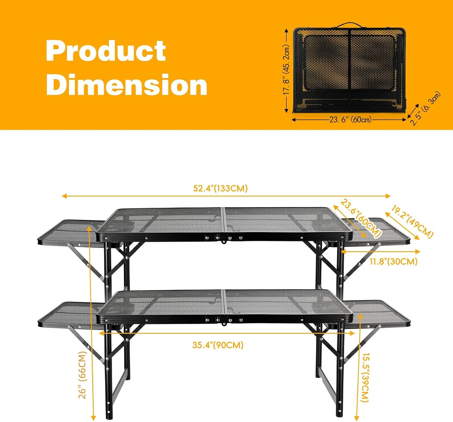Grill Table 3FT+1.4 FT Folding Table with 2 Wing Panels with Mesh Desktop 2 Height Adjustable Portable Grill for Outdoor Indoor Beach BBQ Picnic Travel RV Black