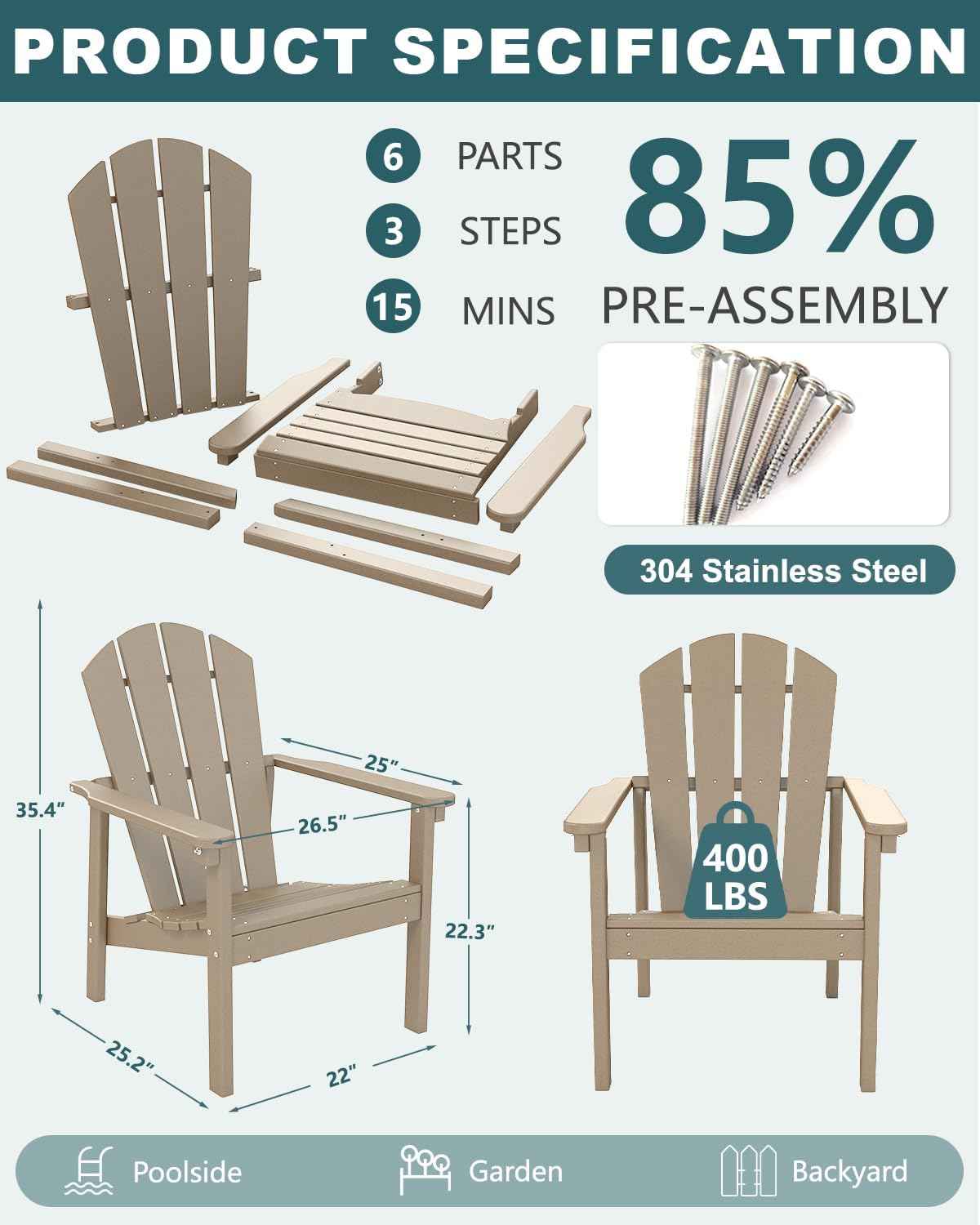 Adirondack Chair Set of 4, All Weather HDPE Fire Pit Chairs, Oversized Plastic Adirondack Chair for Outdoor, Balcony, Deck, Backyard, Patio, Garden, Poolside, Lawn Brown