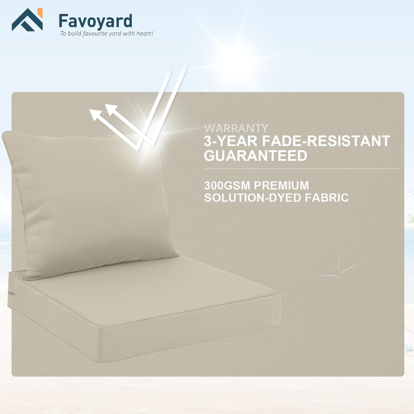 Favoyard Outdoor Seat Cushion Set 24 x 24 Inch Water-Resistant & Fade-Resistant Patio Furniture Cushions with Removable Cover Deep Seat & Back Cushion with Handle and Adjustable Straps for Chair Sofa