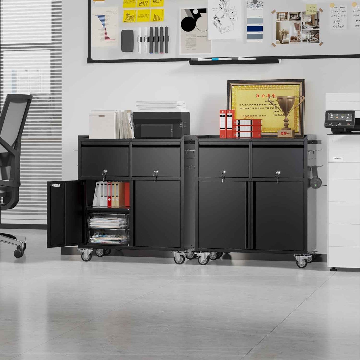 Reemoon Metal Garage Storage Cabinet on Wheels, Tool Storage Cabinet with Drawers Pegboard and 4 Hooks for Garage, Home, Office,Assembly Required,Black