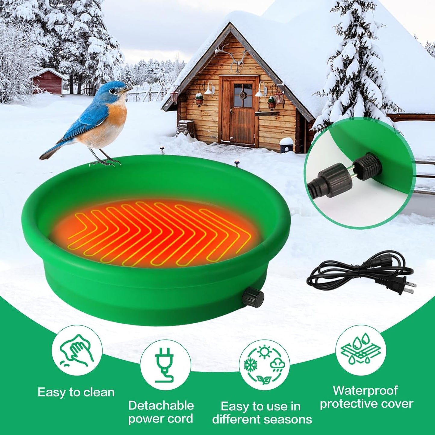 HRAYLTOP Standing Heated Bird Bath for Outdoors for Winter, 75W Heated Bird Baths with Detachable Power Cord,Thermostatic Control Available All Seasons for Garden Yard Patio Lawn（Green）