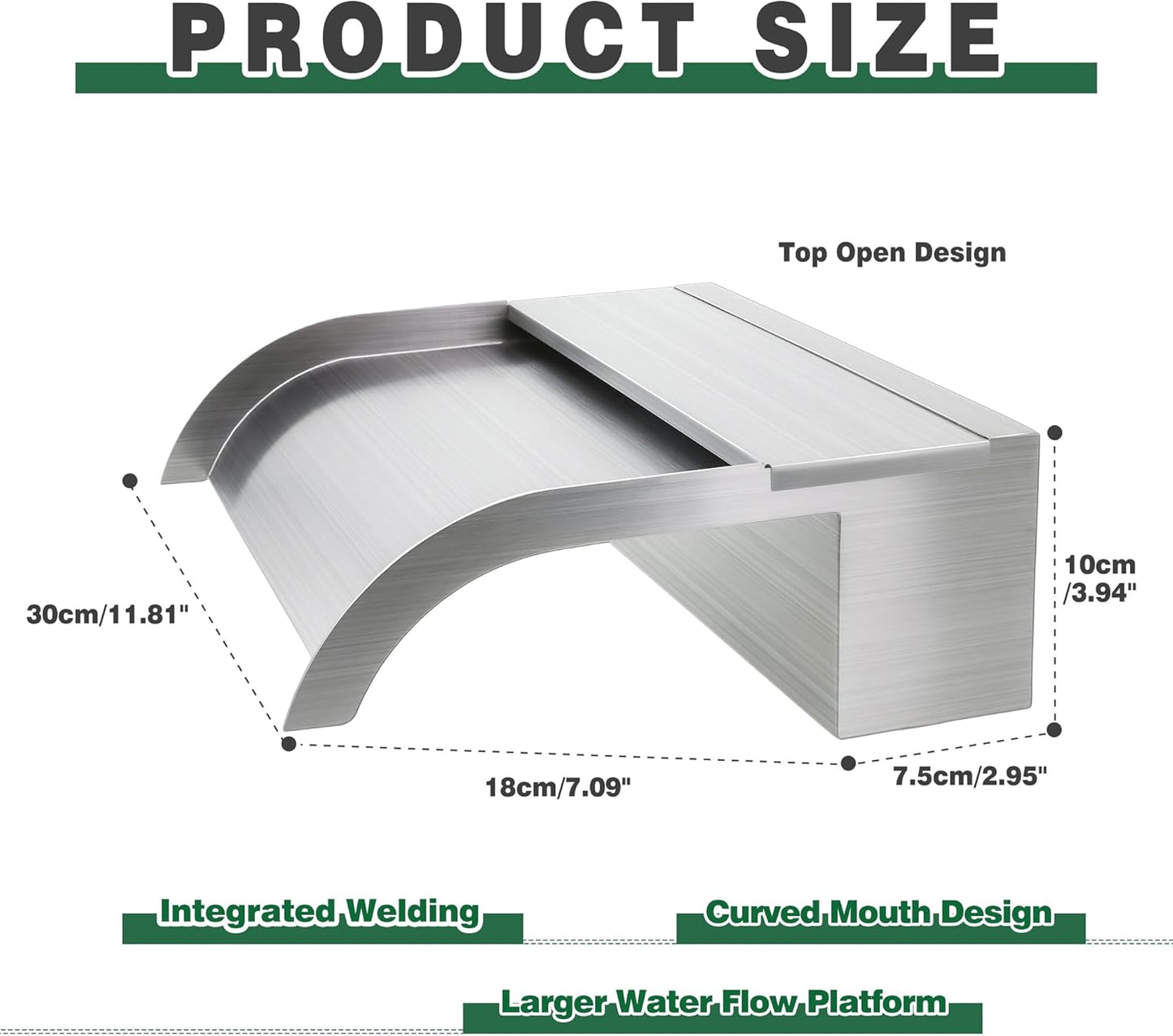 Waterfall Spillway, Stainless Steel Pool Fountain w/Top Open Lip & Pipe Connector Kits for Outdoor/Indoor Decorative, 11.8'' Pool Water Feature for Garden Patio, Backyard Koi Pond Decor