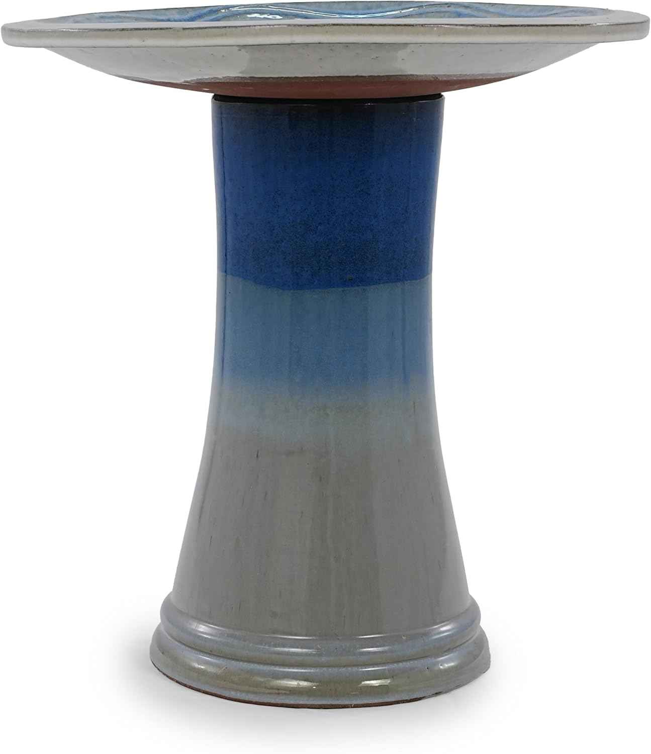 17'' Ceramic Bird Bath for Outside, Elegant Tall Pedestal Birdbath with Blue Ombre Glaze, Lightweight Outdoor Bird Bath with Swirl Pattern for Garden Patio Yard