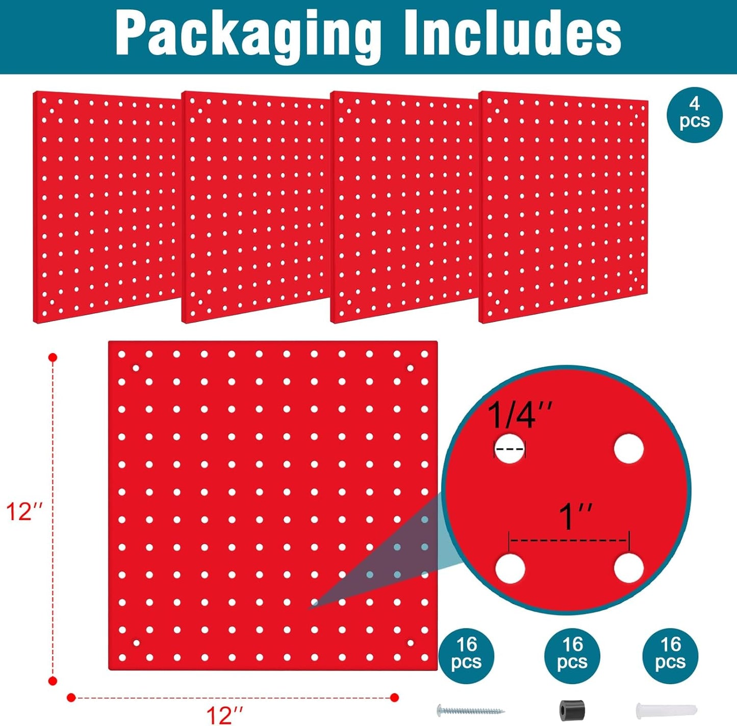 4 Pack Steel Peg Board,Universal 1/8 and 1/4 Pegboard Accessories,Ideal for Garage Tool Storage, Office Organization, Craft Room, Kitchen etc. (Red, 4-12X12)