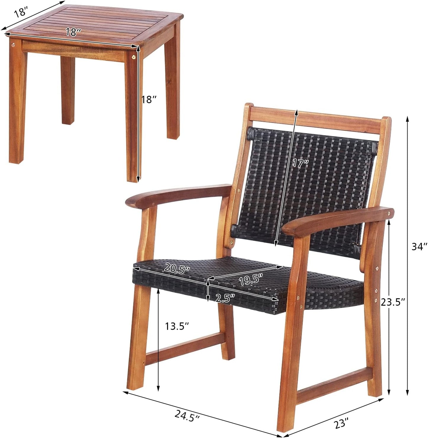Tangkula 3-Piece Patio Acacia Wood Bistro Set, Patiojoy Outdoor Furniture Set with 2 Chairs & Side Table, Weather Resistant Rattan Garden Conversation Chair Set for Pool Side, Deck, Balcony