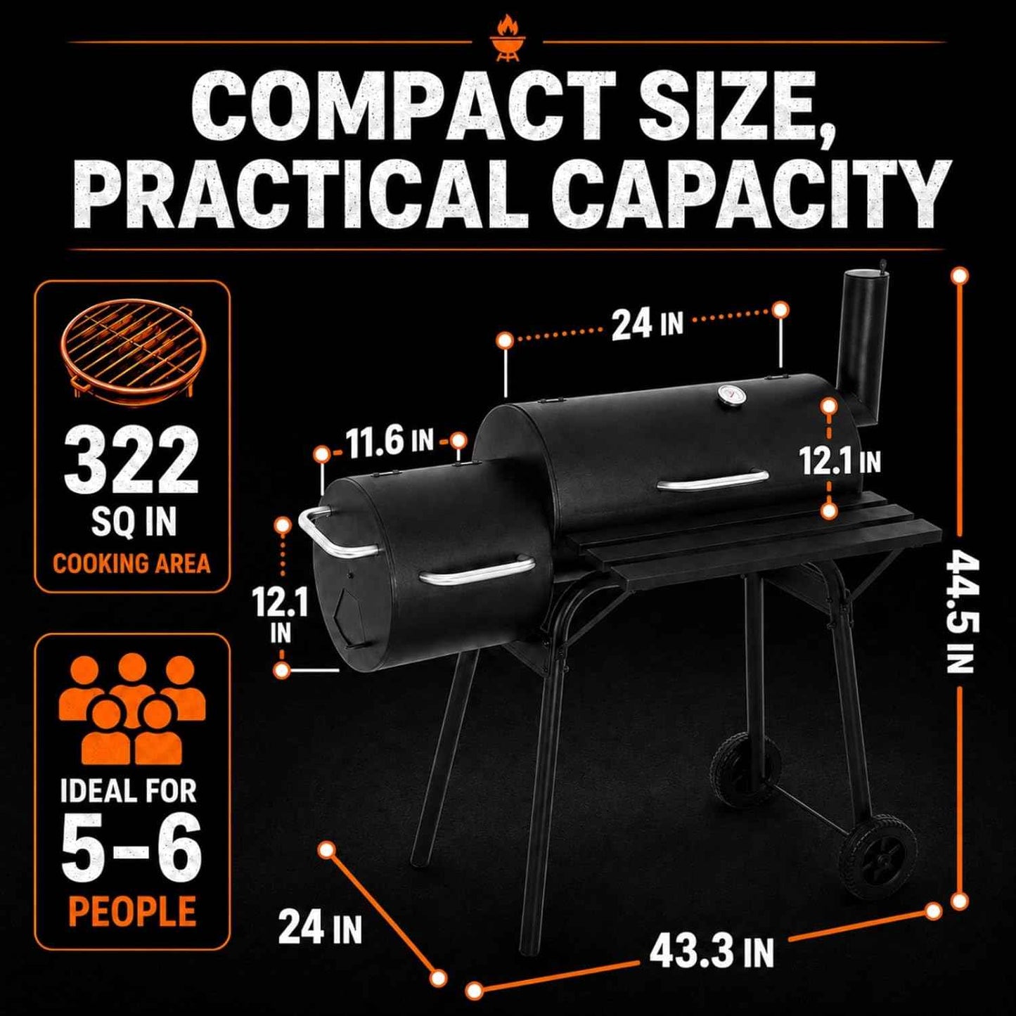 Outdoor Charcoal Grill & Smoker Combo - Dual Chamber, Heavy-Duty Steel, Black - Ideal for BBQ, Backyard Cooking, Camping - Portable Grill with Enhanced Thermometer, Easy Mobility，camping grill