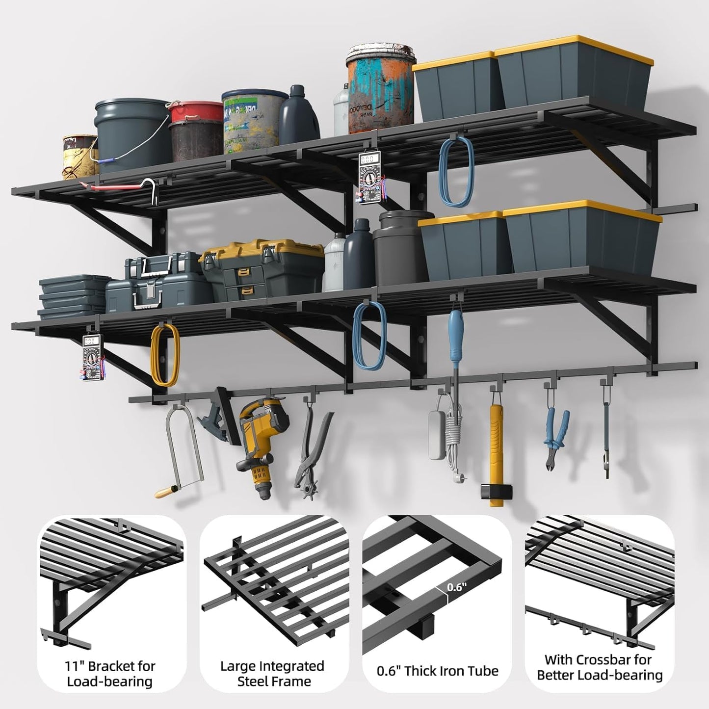 2-Pack 2x4ft Garage Shelving Wall Mounted, Heavy Duty Garage Storage Shelves with 12 Hooks, 2' x 4' Wall Mount Shelves with 500LBS Capacaity
