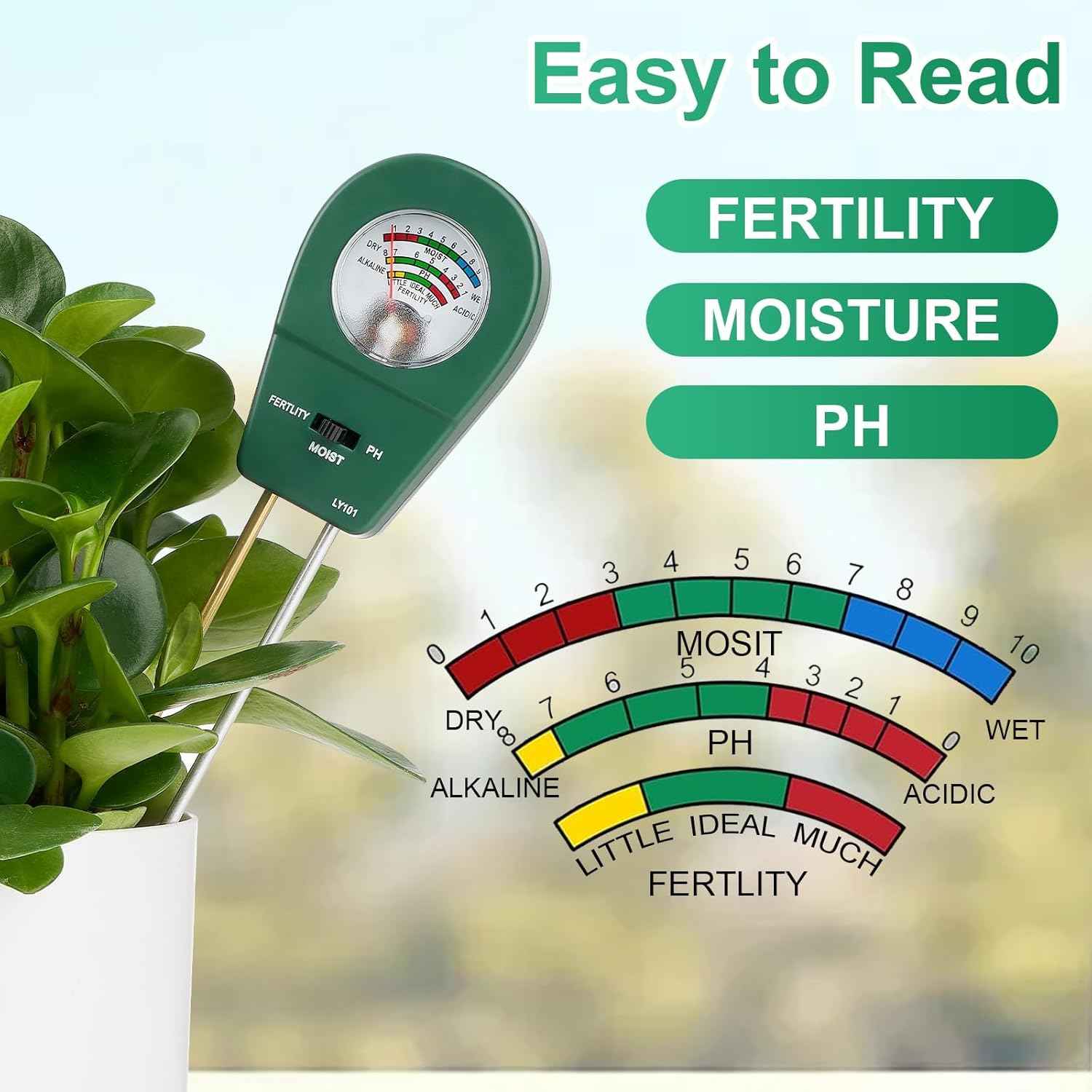 Adoric Soil Moisture Meter, 3-in-1 Soil pH, Moisture & Fertility Meter Soil Tester for Plants Battery-Free Garden Tool for Indoor & Outdoor Use, Accurate & Fast Response Soil Kit for Home Farm & Lawn