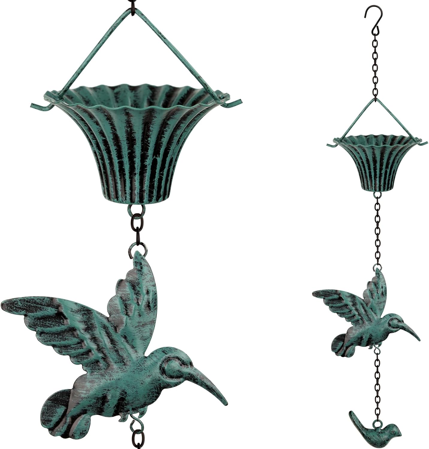 Rain Chain 8 FT,Wrought Iron Rain Chains for Gutters,Rain Chains for Outside with Hummingbird and Cup Rain Chains,Rainwater Catcher Chain, Outdoor Garden Decor(Antique Blue)