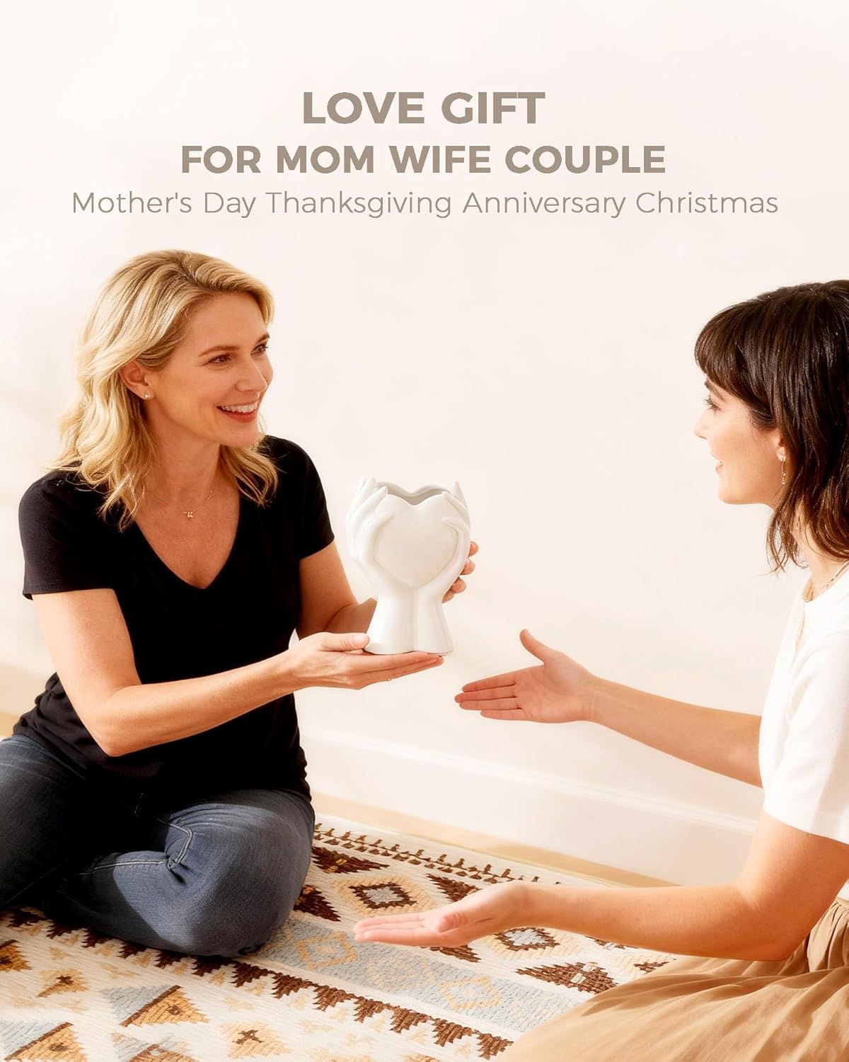 A Heart Held in Two Hands White Vases for Flowers - Cute Modern Small Ceramic Flower Vase for Pampas Grass - Decorative Table Vase for Coffee or Dining Table Centerpiece, Shelf - Gift for Mom (White)