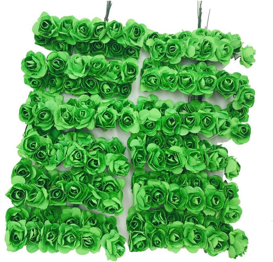 Mini Fake Rose Flower Heads 144pcs Mini Artificial Mulberry Paper Roses Flower with Wire Stem DIY Wedding Flowers Accessories Make Bridal Hair Clips Headbands Dress (Green)