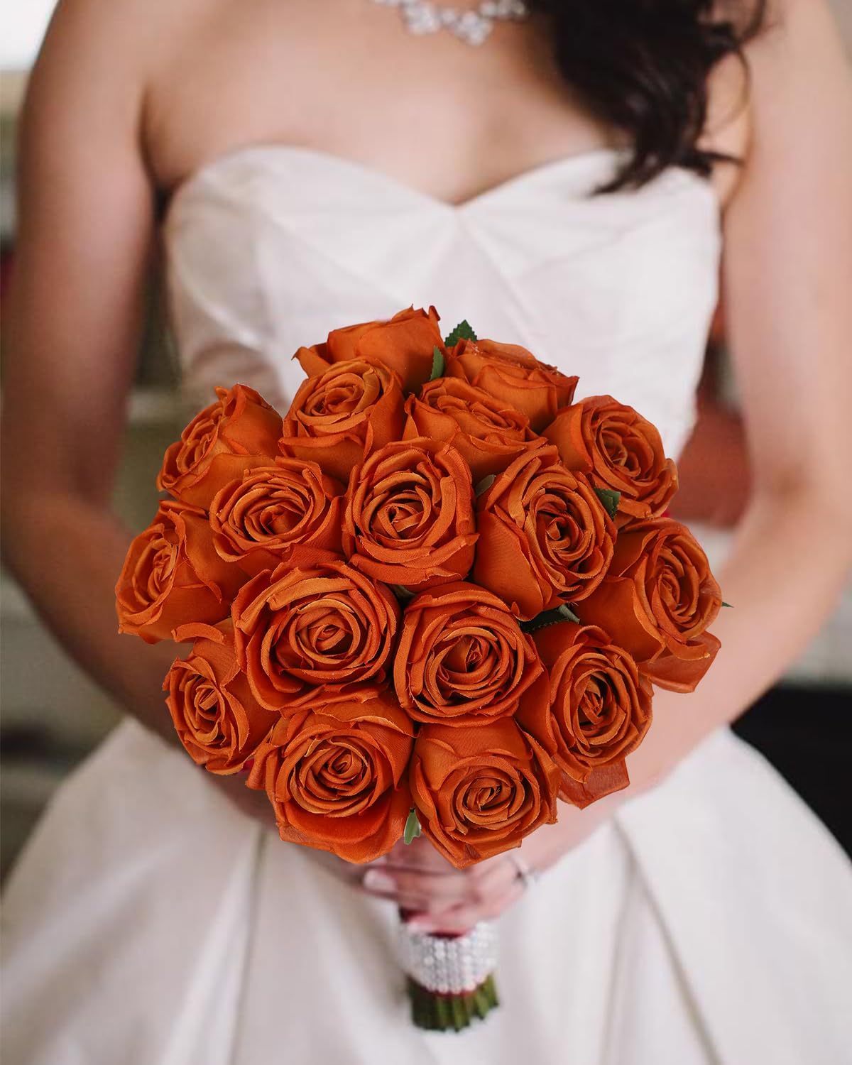 Coferset 10 Pcs Fake Roses, Artificial Silk Rose Flowers with Long Stems,Realistic Faux Roses for Vase Home Wedding Table Centerpieces Baby Shower Decor (Burnt Orange)