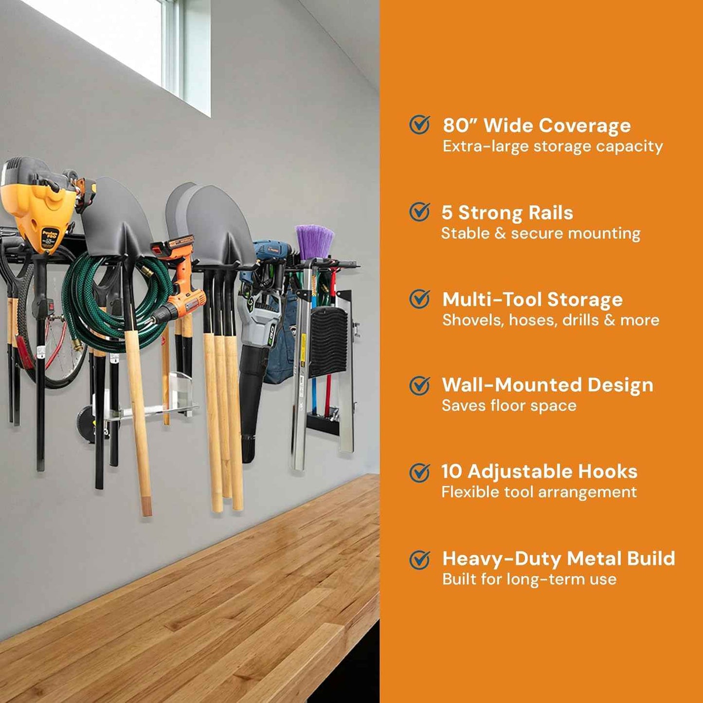 Garage Tool Organizer Wall Mount 80 Inch, Heavy Duty Tool Rack with 5 Racks & 10 Adjustable Hooks, Wall Mounted Garden Tool Storage for Garage, Shed, Holds Shovels, Brooms & Power Tools