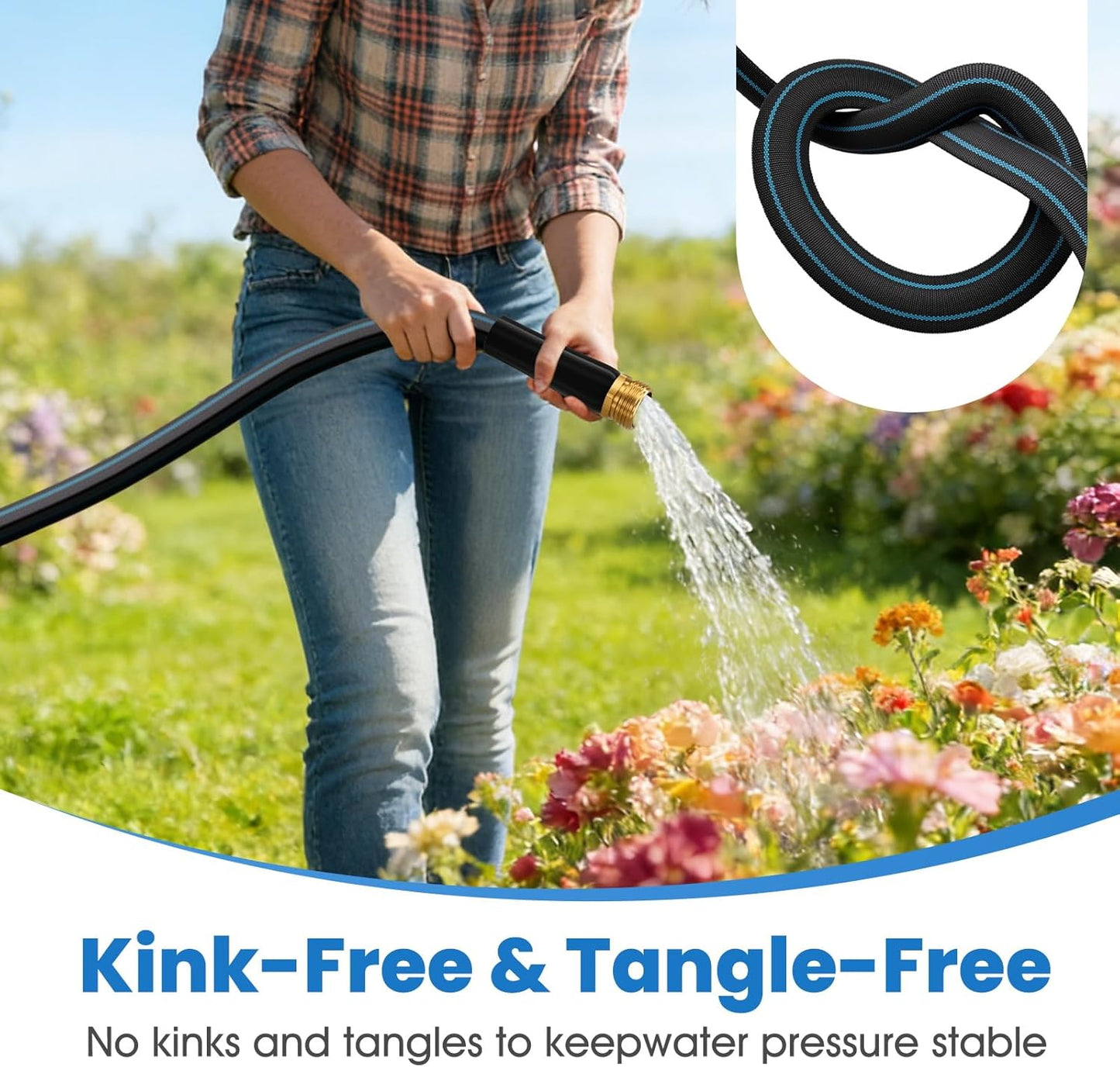 75ft Non-Expanding Garden Hose, Lightweight & Kink-Free, Flexible Heavy Duty Water Hose for Lawn, Yard, Car Washing (3/4" Solid Brass Fittings, Crush-Resistant)