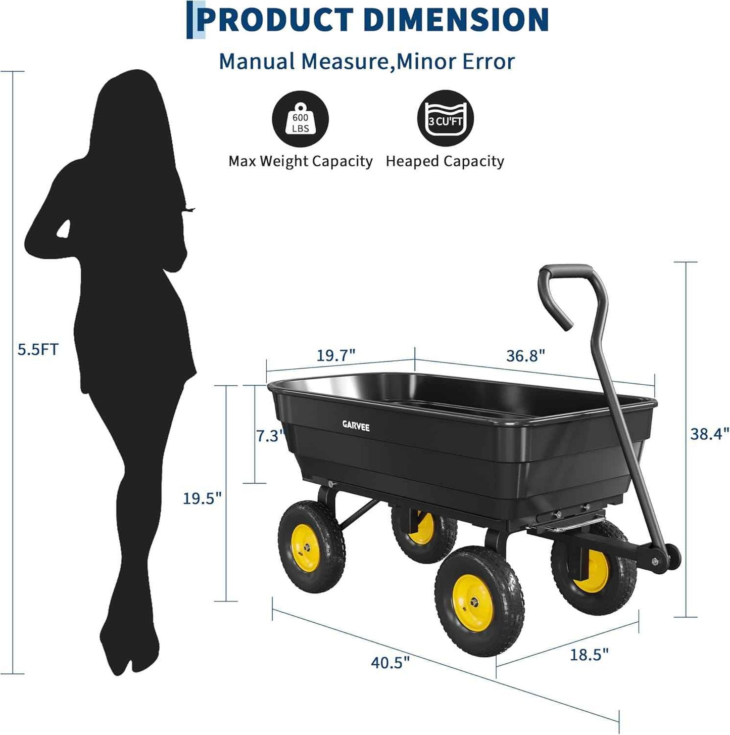 Garvee Poly Garden Dump Cart, Heavy Duty 600lbs Wheelbarrow Yard Cart Dump Wagon with 10”All Terrain Wheels, Garden Utility Wagon with Quick Release System& Convertible Handle Attach to ATV (Black)