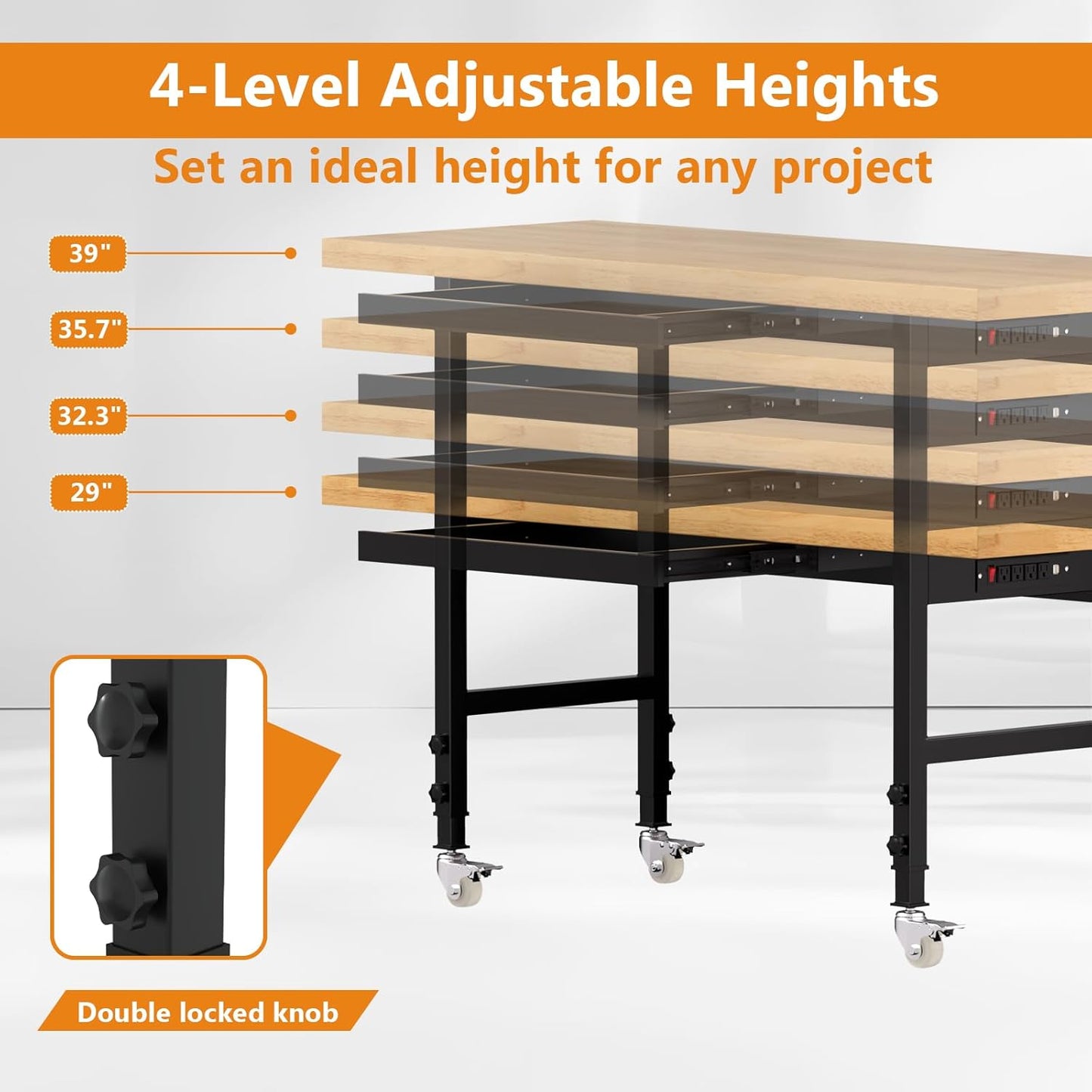 Solid Wood 60" Work Bench with Wheels, Heavy-Duty Workbench with Drawers, Adjustable Height Work Table with Power Outlets, 2000 LBS Capacity Workstation for Garage, Workshop(60" X 24")