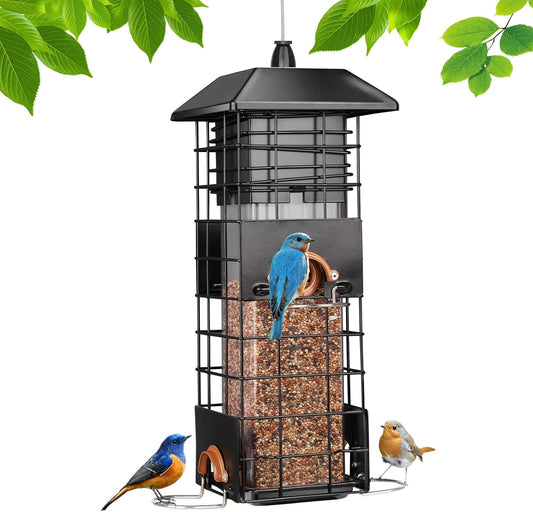 Squirrel Proof Bird Feeder - Metal Outdoor Design with 4 Feeding Ports, Wild Bird Feeders for Outside, 2.5lb Large Capacity, Ideal Gift for Bird Lovers