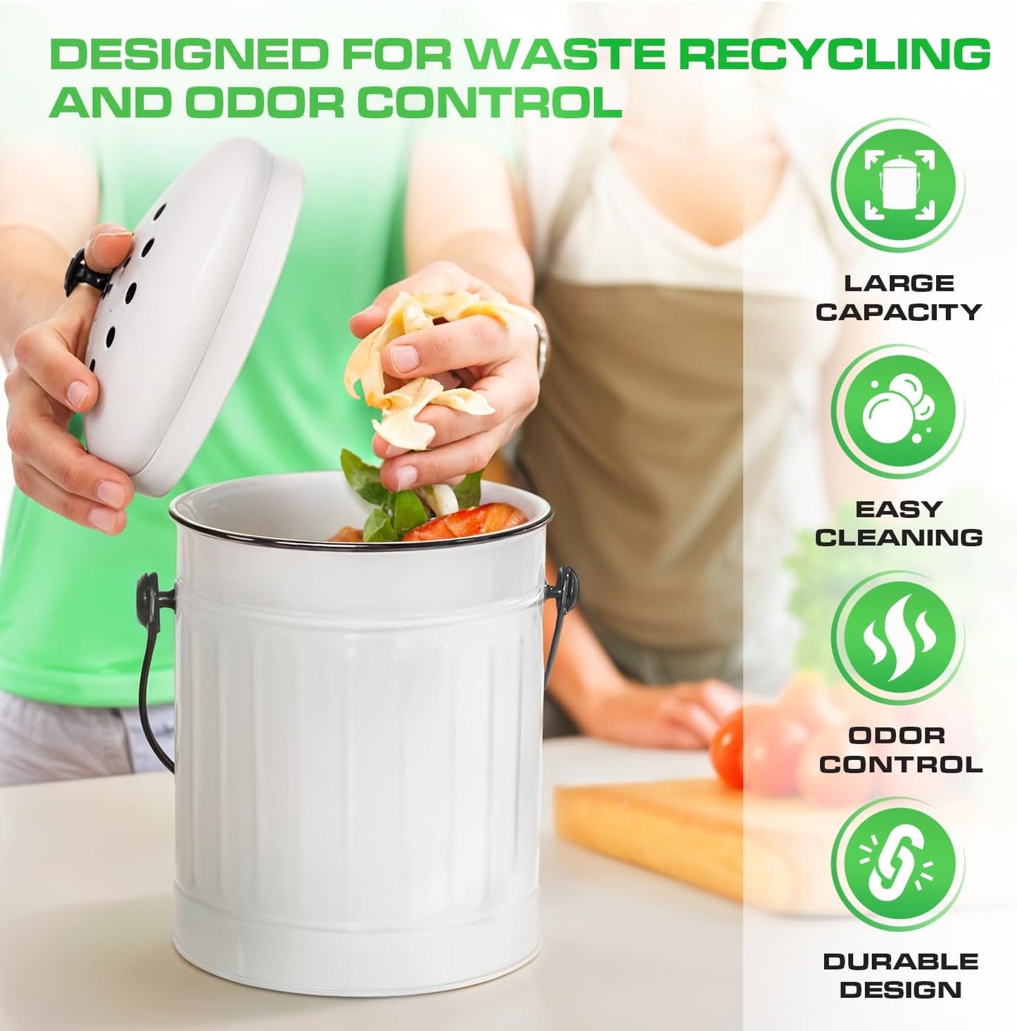 Plexon Countertop Compost Bin Kitchen with Lid, 1.5 Gallon Odorless Kitchen Compost Container, Steel Food Bucket with Charcoal Filter, Pail for Countertop, White