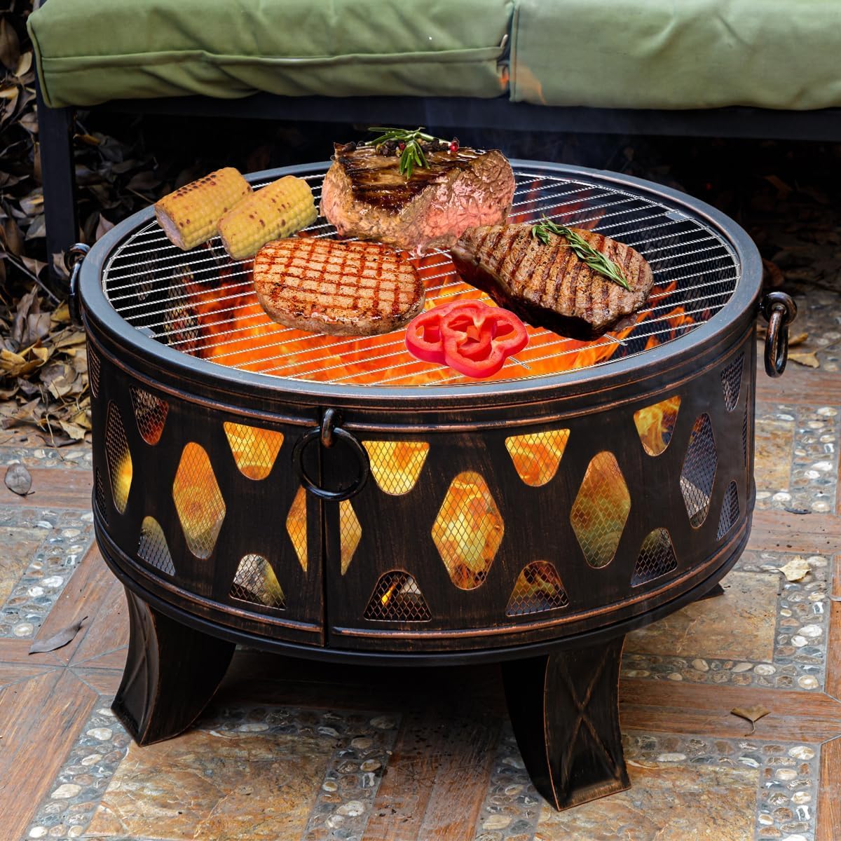 Breezz 26 Inch Wood Burning Fire Pit with Cooking Grill and Spark Screen, Outdoor Metal Round Firepit for Patio, Backyard, Bonfire Party, Camping and Garden