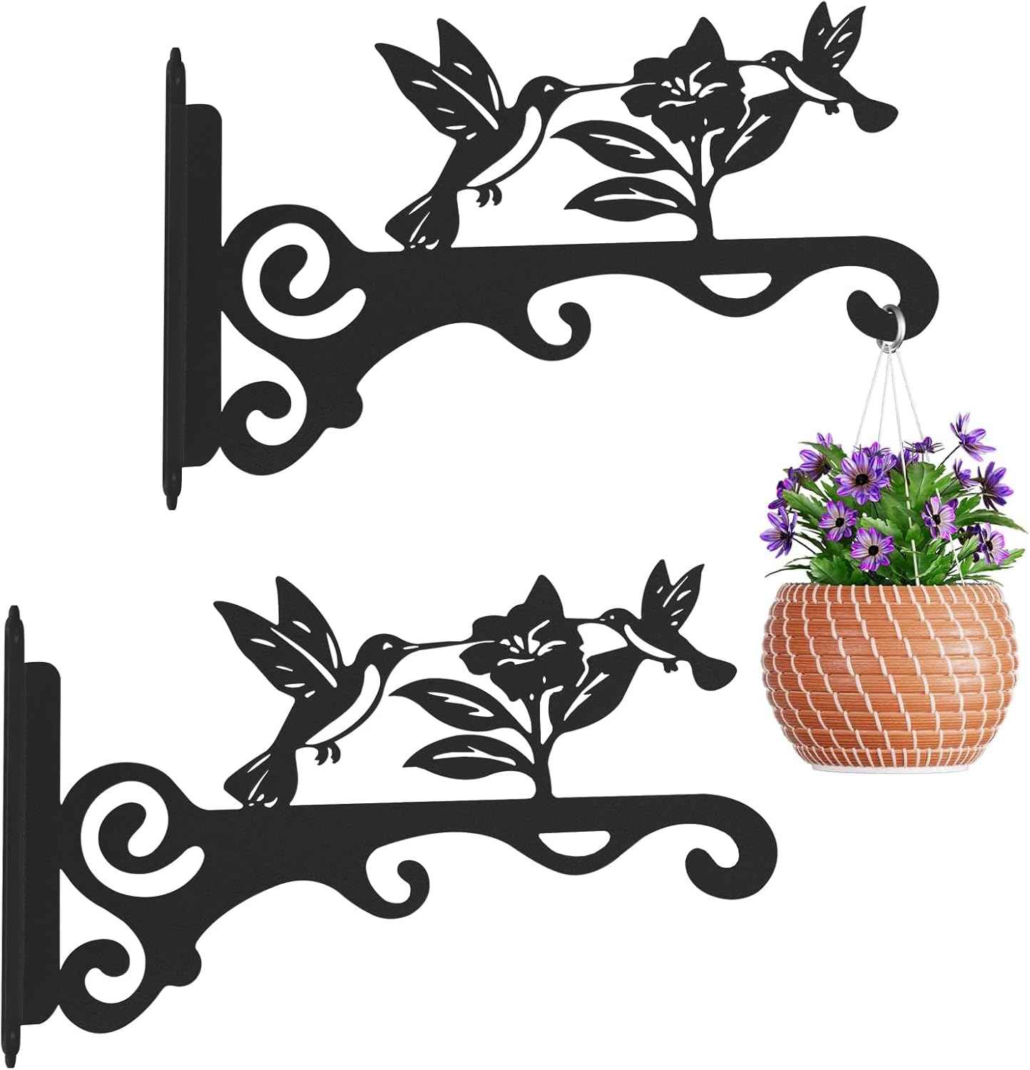 Elegant Bird Pattern Wall Hooks - 10/12/14 Inch Metal Plant Hangers for Indoor & Outdoor - Rust-Resistant Bracket for Plants, Feeders, Chimes, Lanterns (2, Black, 10 inch)