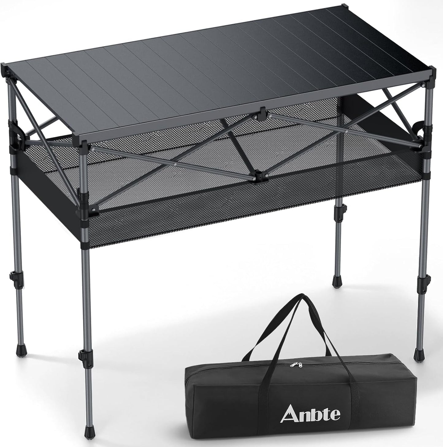 Camping Table Foldable, 2 Adjustable Height 34.2”, Large Roll Up Camping Table Support 264lbs with Storage Basket and Bag, Aluminum Outdoor Table, for Picnic Travel BBQ, 39.4” x 19.7”, Black