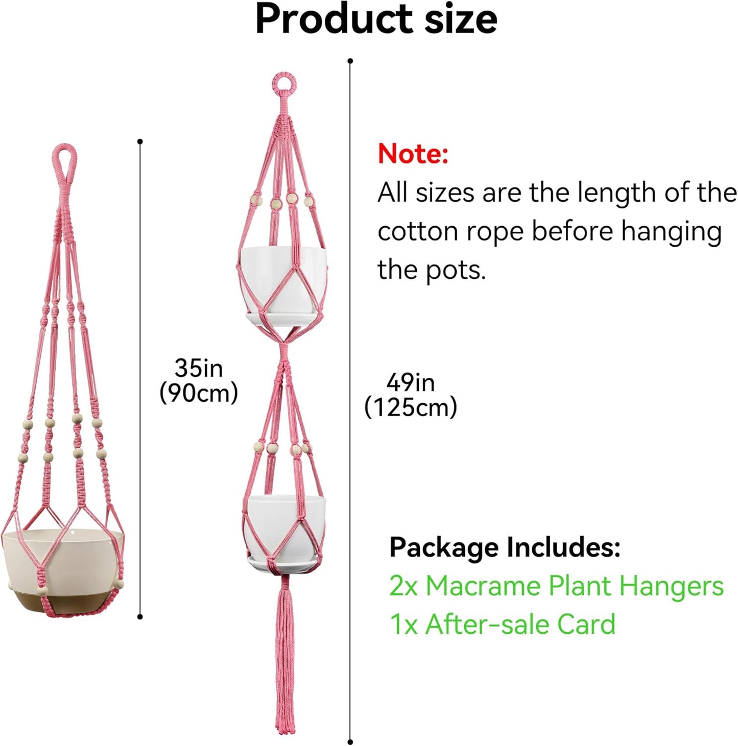 USLAI Macrame Plant Hanger Indoor Outdoor, Up to 4-15 inch Pot, Heavy 20lb Planters, Extra Long Strong Hanging Planter Basket Holder, Boho Home Decor, 35+49 Inch, Pink (POTS NOT Included)