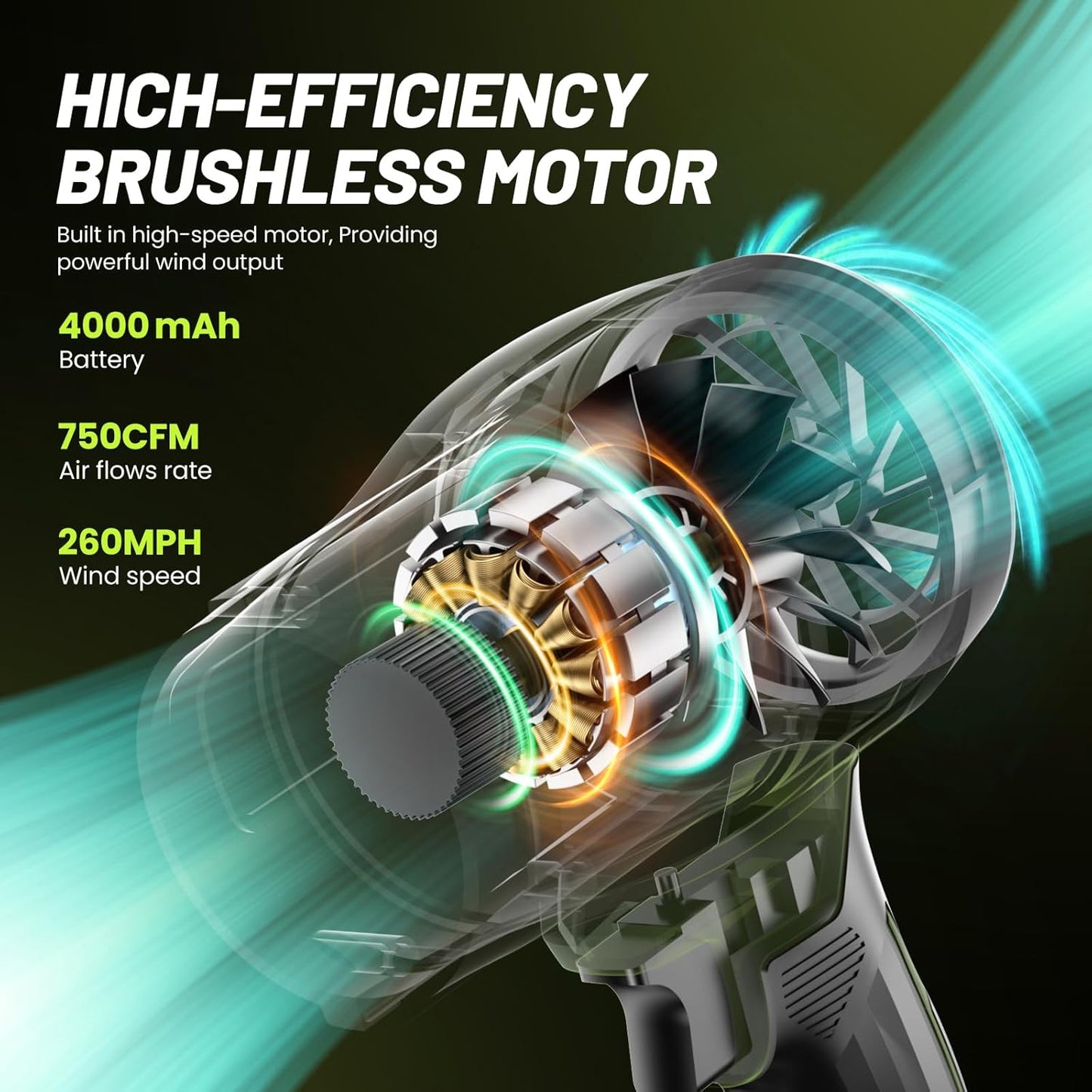 Leaf Blower Cordless with Battery and Charger, 550,000 RPM, Lightweight Handheld Design, Turbo Jet Blower for Lawn, Yard, Garage, Patio, and Sidewalk Cleaning.