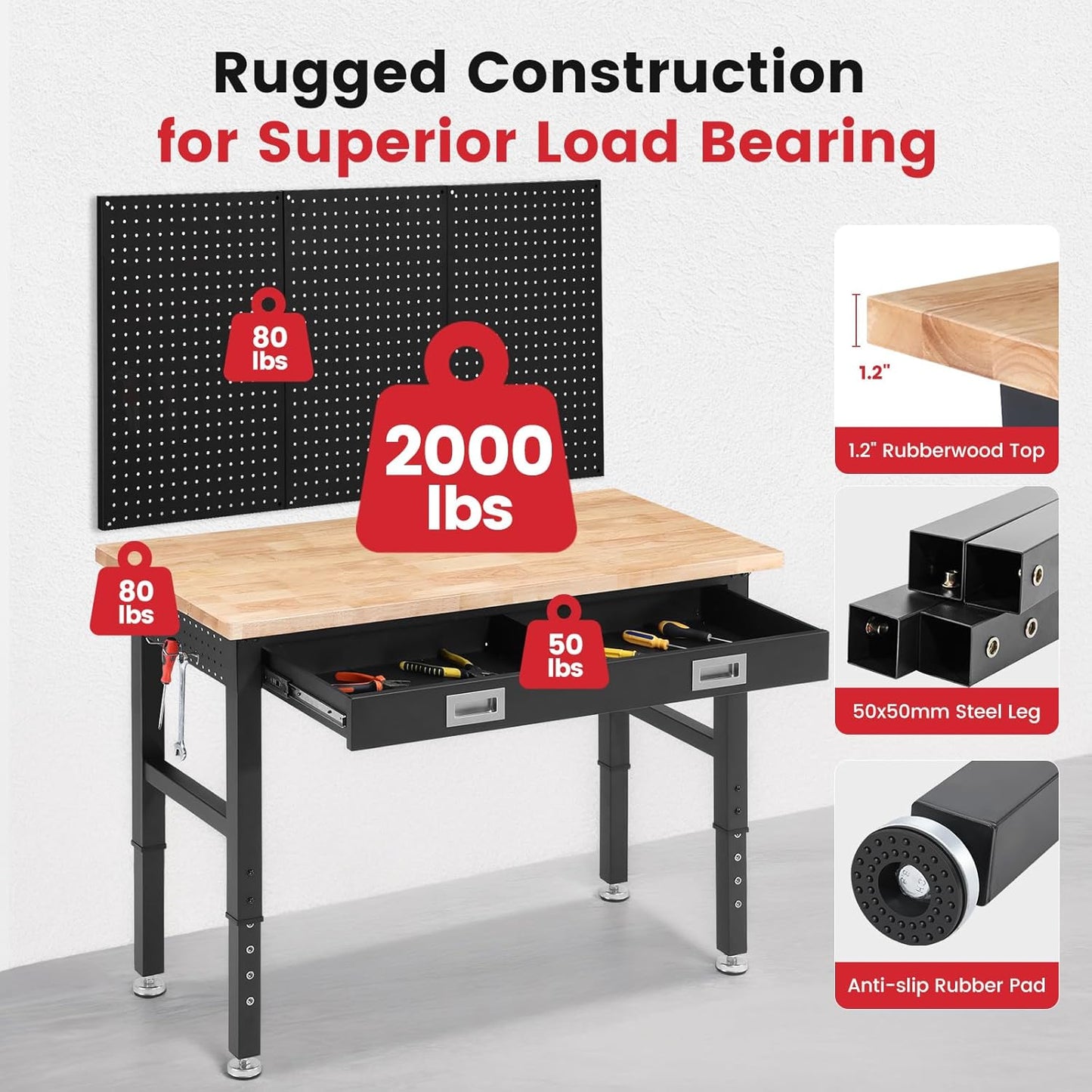 Work Bench for Garage 48 x 24 Inch Adjustable Height Workbenches with Drawers Heavy Duty Rubberwood Tabletop Work Table with Pegboard, Power Outlets for Office Home Commercial