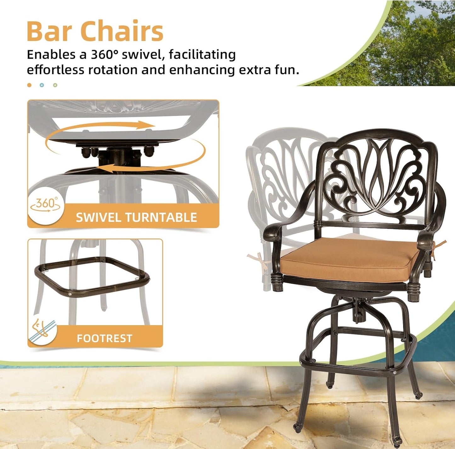 5 Pieces Patio Swivel Bar Set, Patio Bar Table and Chairs Set, All-Weather Cast Aluminum Outdoor Swivel Bar Stools of 4 and 38.5" Bar Height Table, High Top Bistro Set for Deck, Pool, Garden