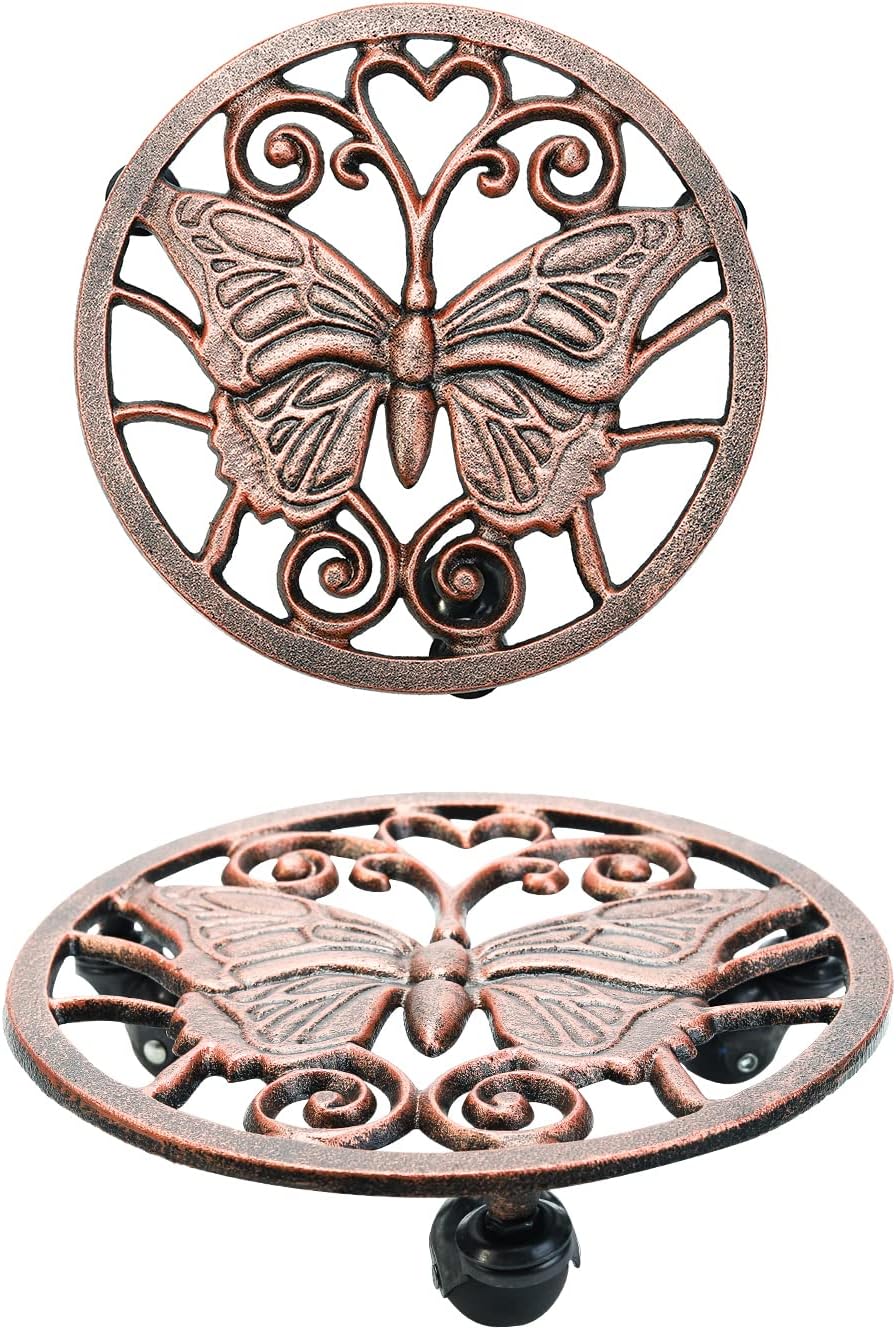 Sungmor Heavy Duty Cast Iron Plant Caddy with Wheels - 2 Pack Vintage Butterfly Design Plant Stand, Metal Rolling Plant Tray for Indoor & Outdoor Use - 11 Inch, Antique Bronze