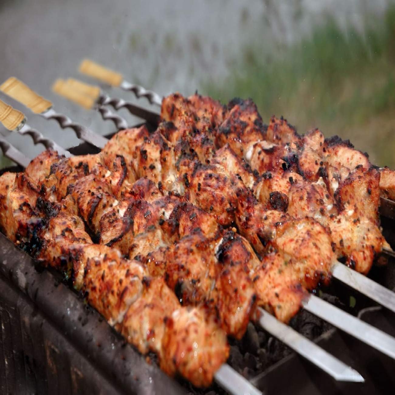 Antallcky 12 Pack Kebab Skewers 22 Inch BBQ Barbecue Skewers Stainless Steel Sticks Heavy Duty Large Wide Reusable with Nonslip Wooden Handle Ideal for Shish Kabob Chicken Shrimp and Vegetables