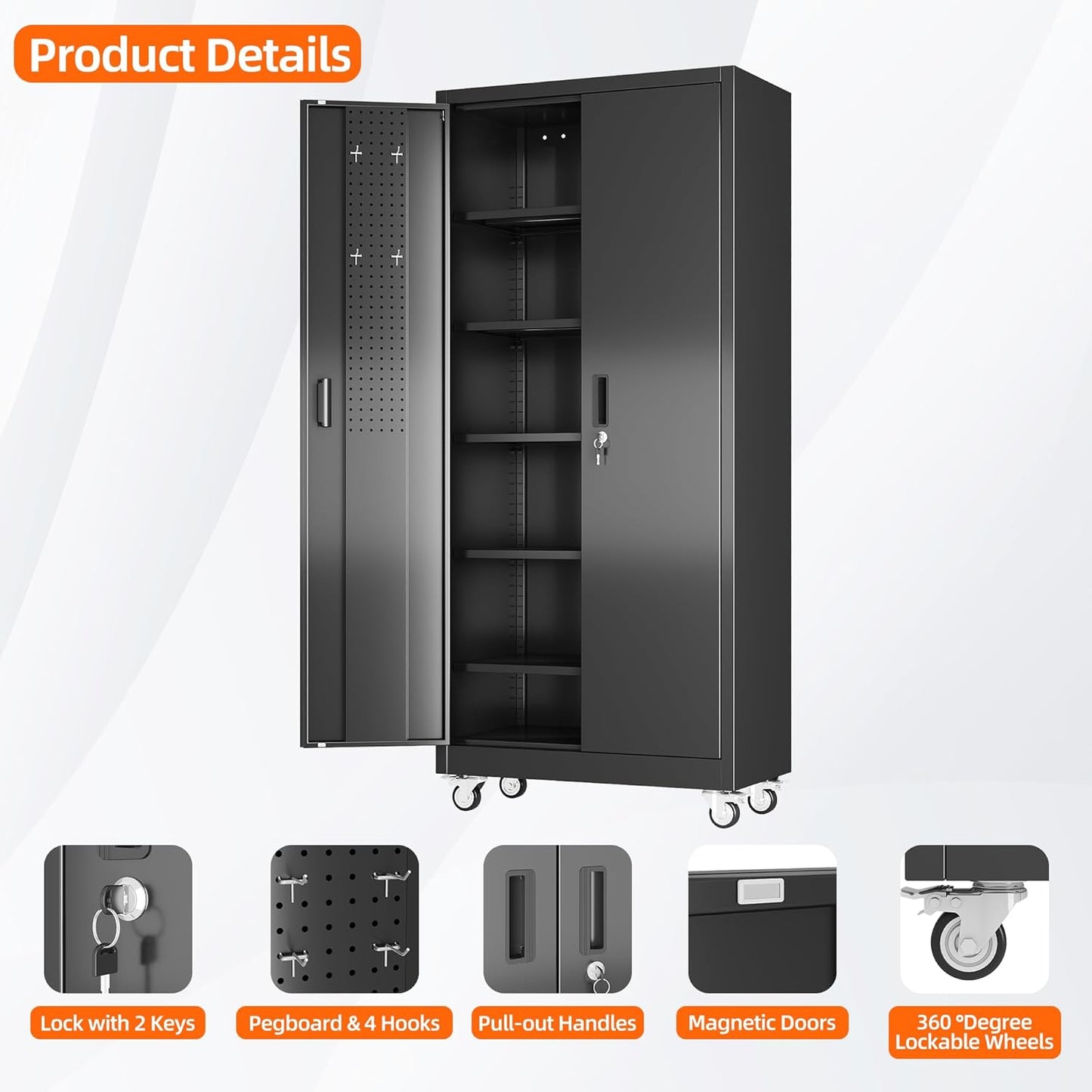 Aobabo 71" H×32" W×16" D Metal Storage Cabinet with Wheels, Garage Steel Storage Cabinet with 5 Adjustable Shelves and 4 Hooks for Home Office, Kitchen, Assembly Required, Black