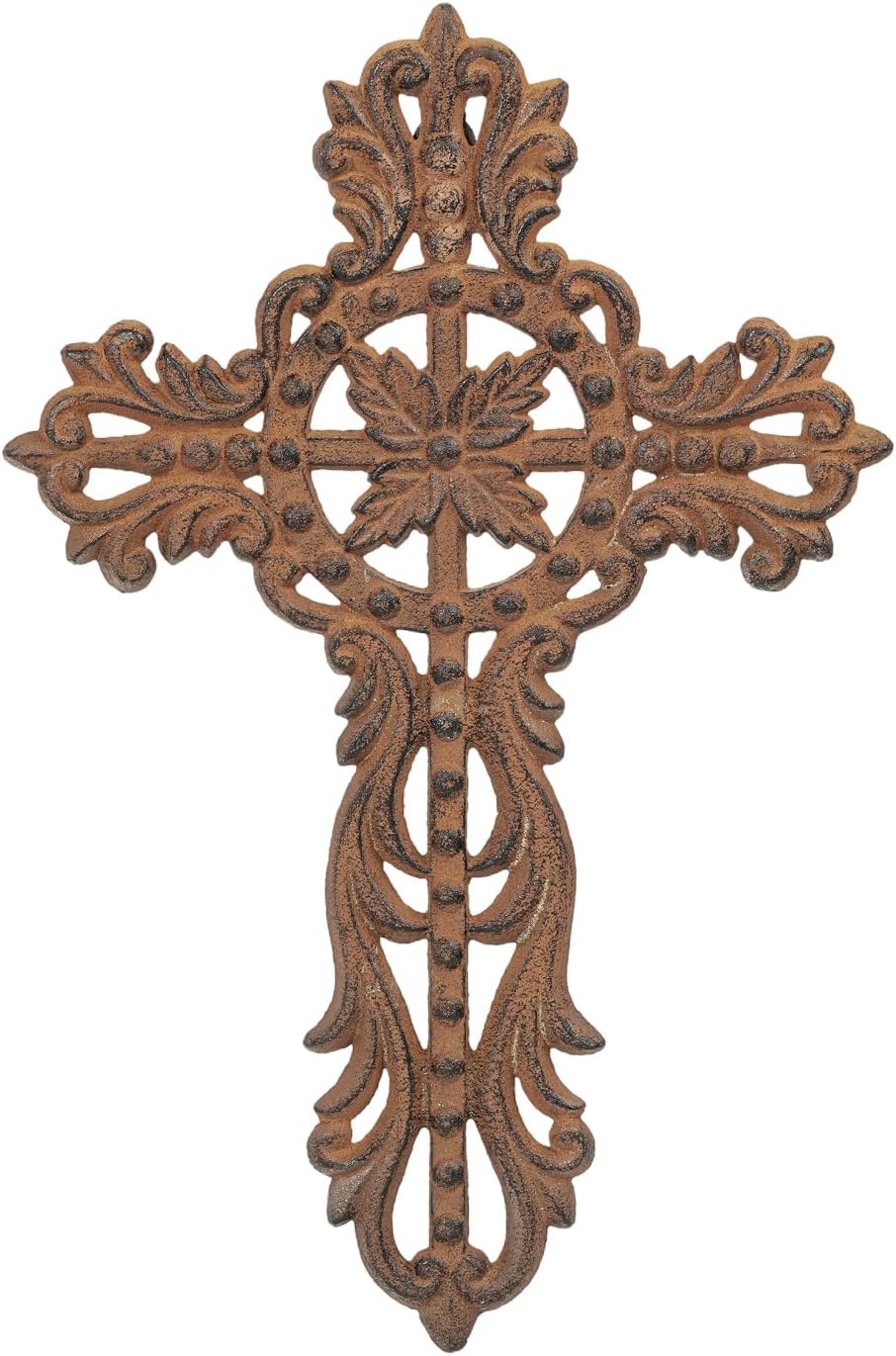 Sungmor Cast Iron Cross Wall Decor, Ornate Metal Wall Art, Vintage Decorative Outdoor Hanging Cross, Rustic Brown Religious Wall Sculpture Farmhouse Home Decor