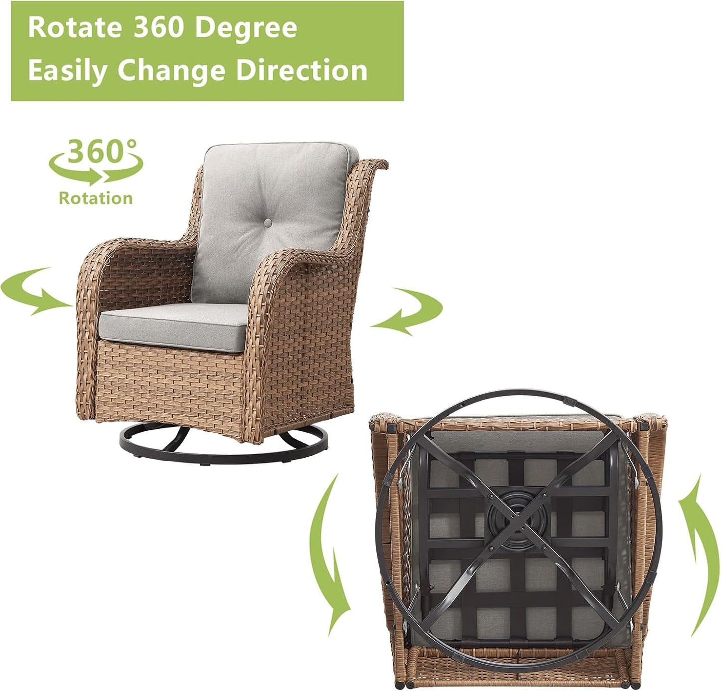 Outdoor Wicker Patio Furniture Set - 6 Piece Rattan Patio Conversation Set with 2 Rocking Swivel Chairs,2 Ottomans,1 Sofa and 1 Side Table for Porch Deck Backyard Garden(Yellow/Beige)
