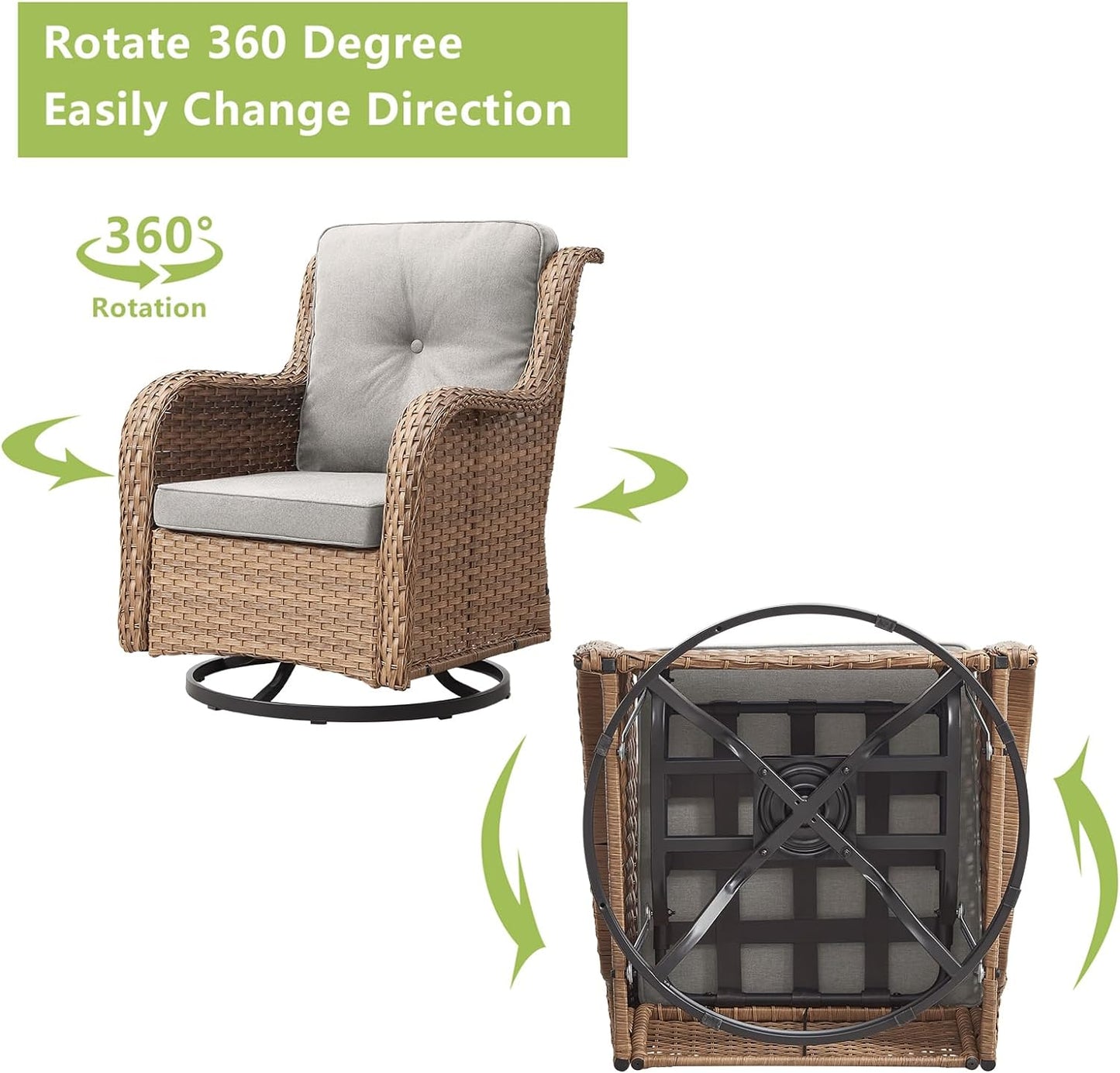 Outdoor Wicker Patio Furniture Set - 5 Piece Rattan Patio Conversation Set with 2 Rocking Swivel Chairs,2 Ottomans and 1 Loveseat for Porch Deck Backyard Garden(Yellow/Beige)