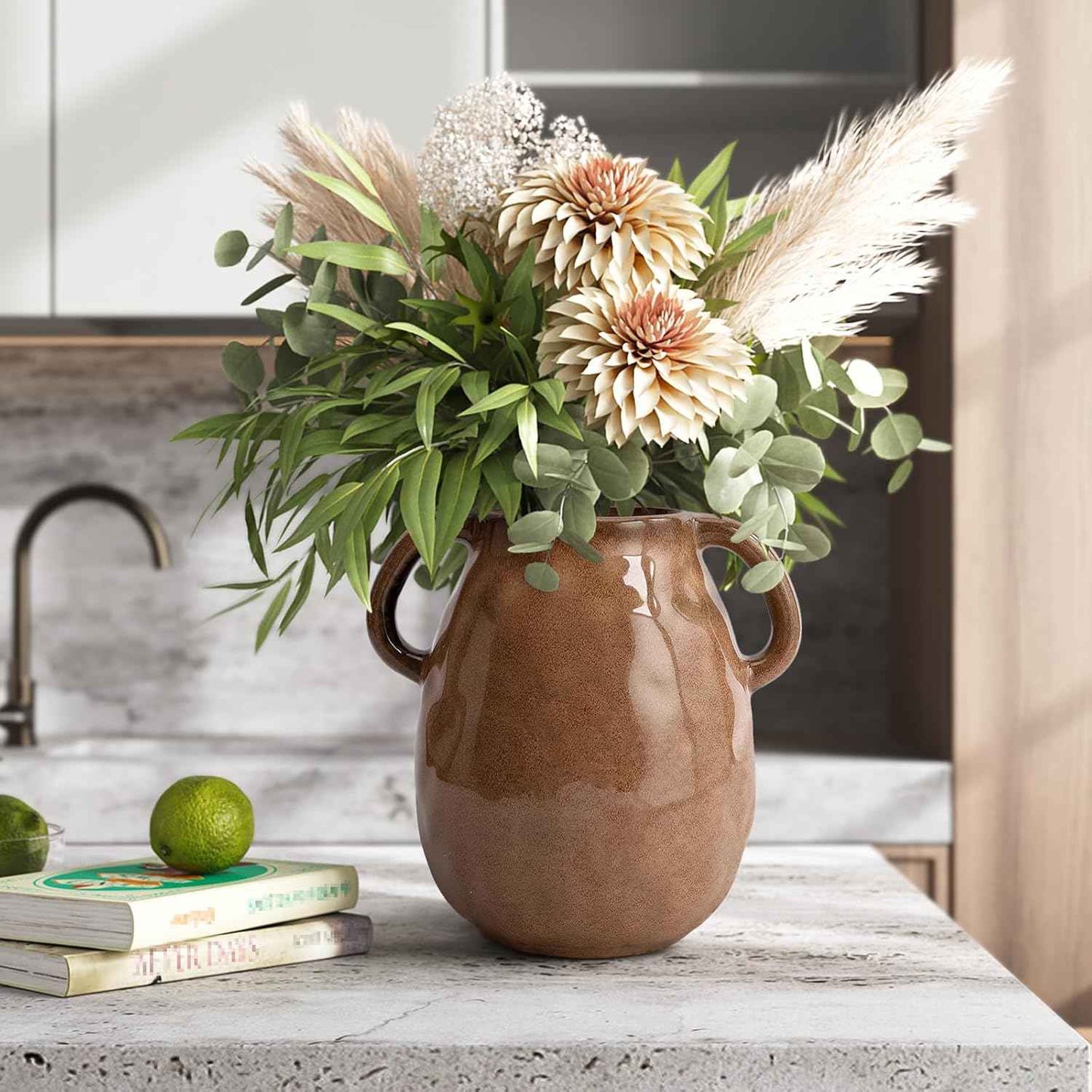 Antique Brown Ceramic Vase with Handles, Rustic Farmhouse Decor, 7 Inch Glazed Pottery Flower Vases for Home Decor, Handmade Decorative Vase for Flowers, Bouquet, Table, Kitchen, Living Room