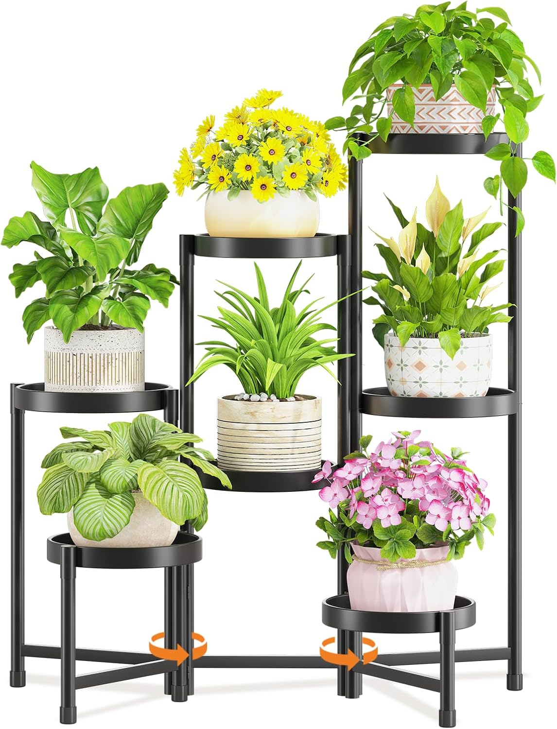 LASZOLA 7 Tiered Folding Plant Stand Indoor for Multiple Large Planter, Tall Heavy Duty Adjustable Rack with Rust Proof 10 Inch Wide Tray, Sturdy Vertical Tree Organizer for Narrow Inside Floor, Black