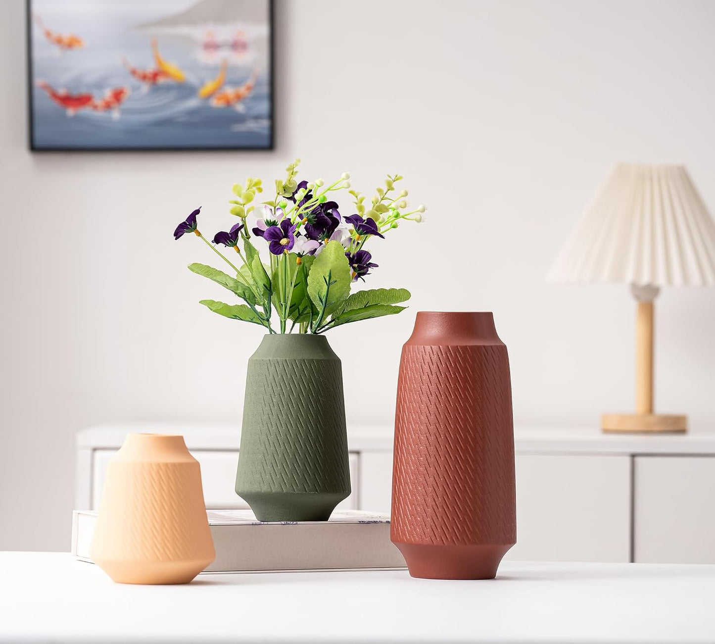 Ceramic Vase Set of 3, Modern Multicolor Pattern Flower Vases for Home Decor, Office, Centerpieces, Boho Farmhouse Style (Red/Green/Orange)