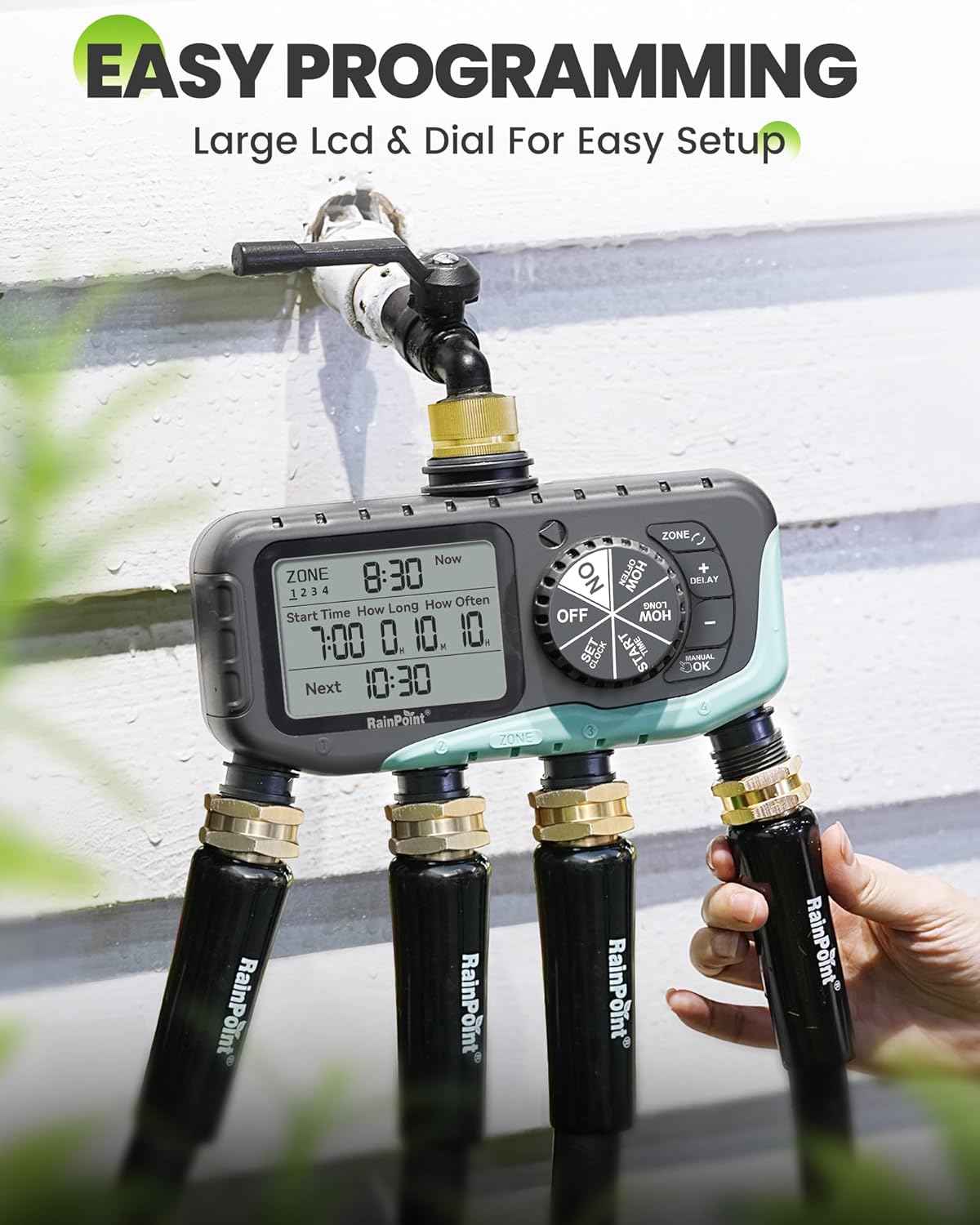 RAINPOINT Sprinkler Timer 4 Zone, Water Timer for Garden Hose, for Soaker Hose with Rain Delay/Manual/Automatic Watering System, Digital Irrigation for Yard, Lawn Brass Inlet