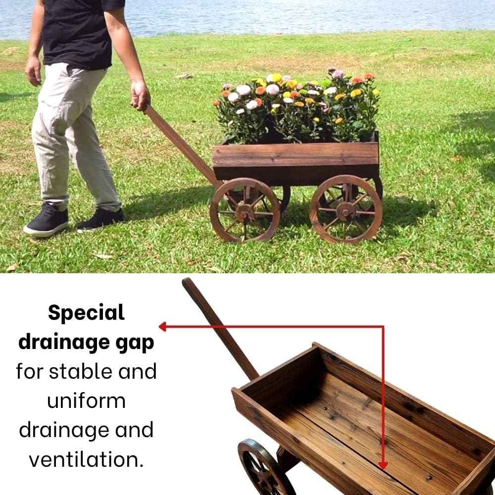 Wood Wagon Planter for Outdoor Balcony Decor - Garden Rustic Wooden Flower Cart with Wheels for Outside - Decorative Indoor - Wheelbarrow Planter for Patio -Reinforced Wheel