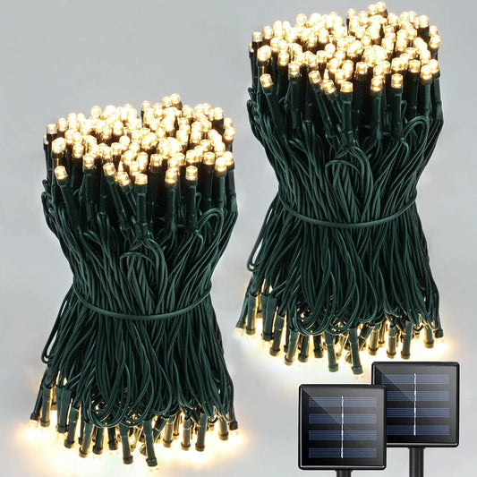 2 Pack Total 400 LED Solar Christmas Lights Outdoor, Solar String Lights for Outside with 8 Modes, Waterproof Green Wire Solar Powered Tree Light for Xmas Party Yard Garden Decorations (Warm White)
