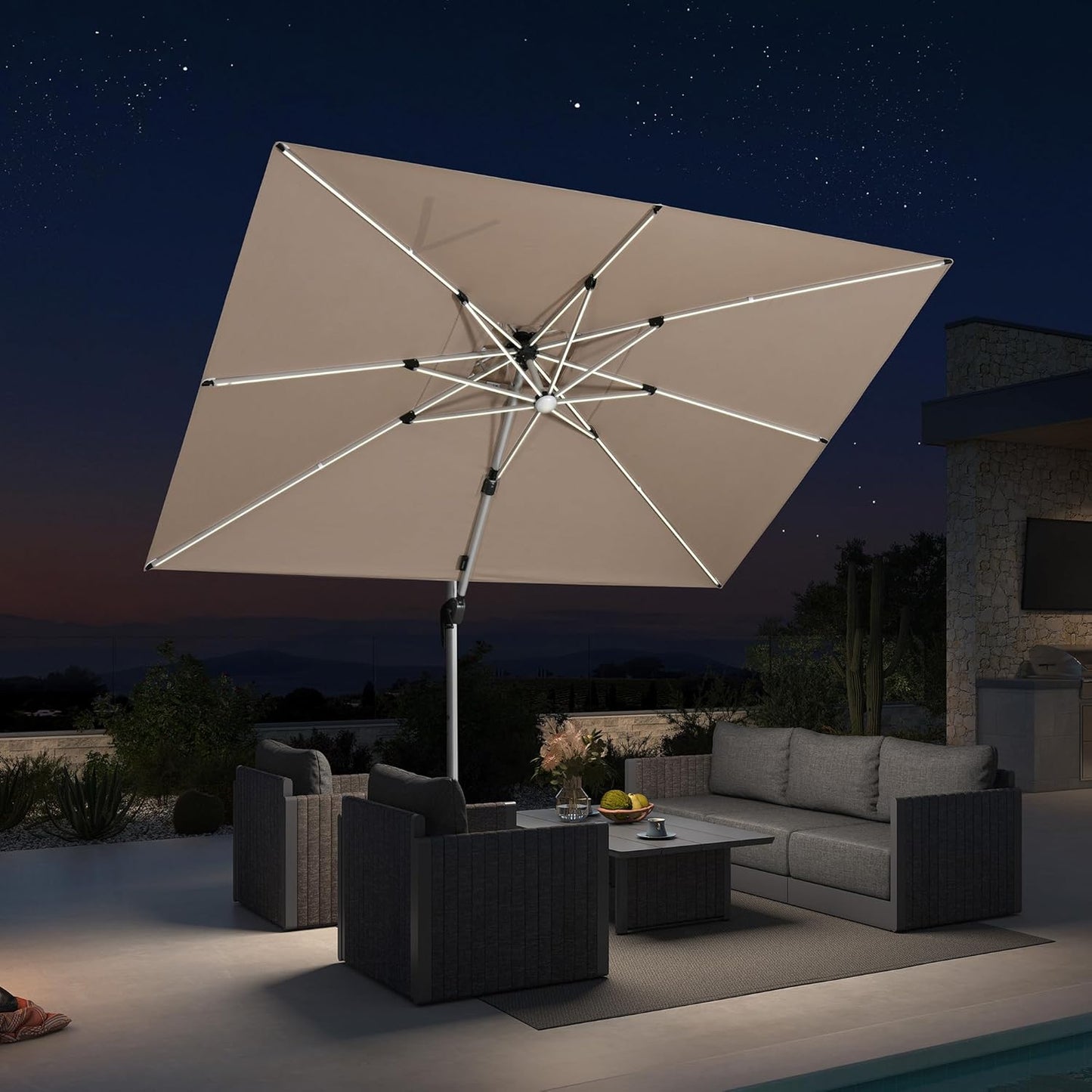 PURPLE LEAF 10' X 10' Solar Powered LED Patio Large Umbrella Offset Double Top Hanging Umbrella Outdoor Market Umbrella for Garden, Deep Beige