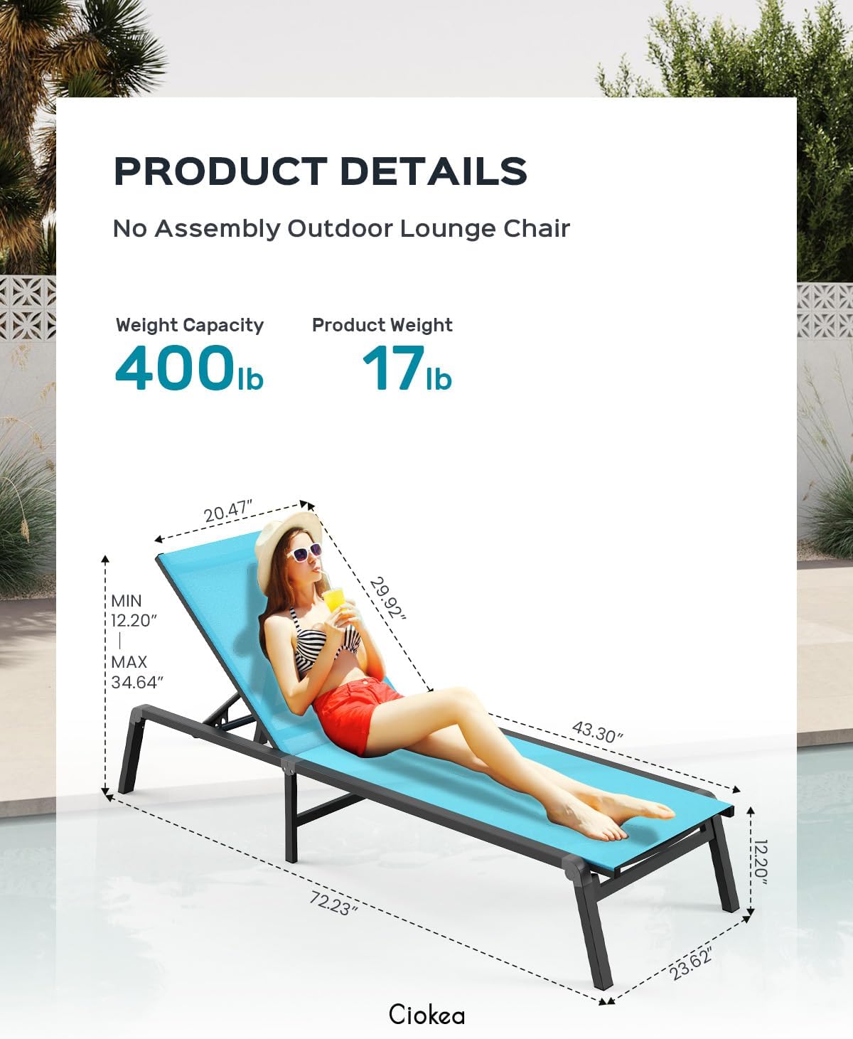Aluminum Chaise Lounge Ourdoor - Foldable & Assemble Free Outdoor Lounge Chair with 5 Adjustable Backrest, Patio Lounge Chair for Outside Poolside Beach Pool, Lake Blue
