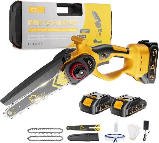 Mini Chainsaw 6 Inch Cordless, Brushless Small Chainsaw Battery Powered with 2 Batteries, Handheld Chain saw for Tree Trimming, Wood Cutting, Home Garden DIY, Best Gifts for Dad, Women