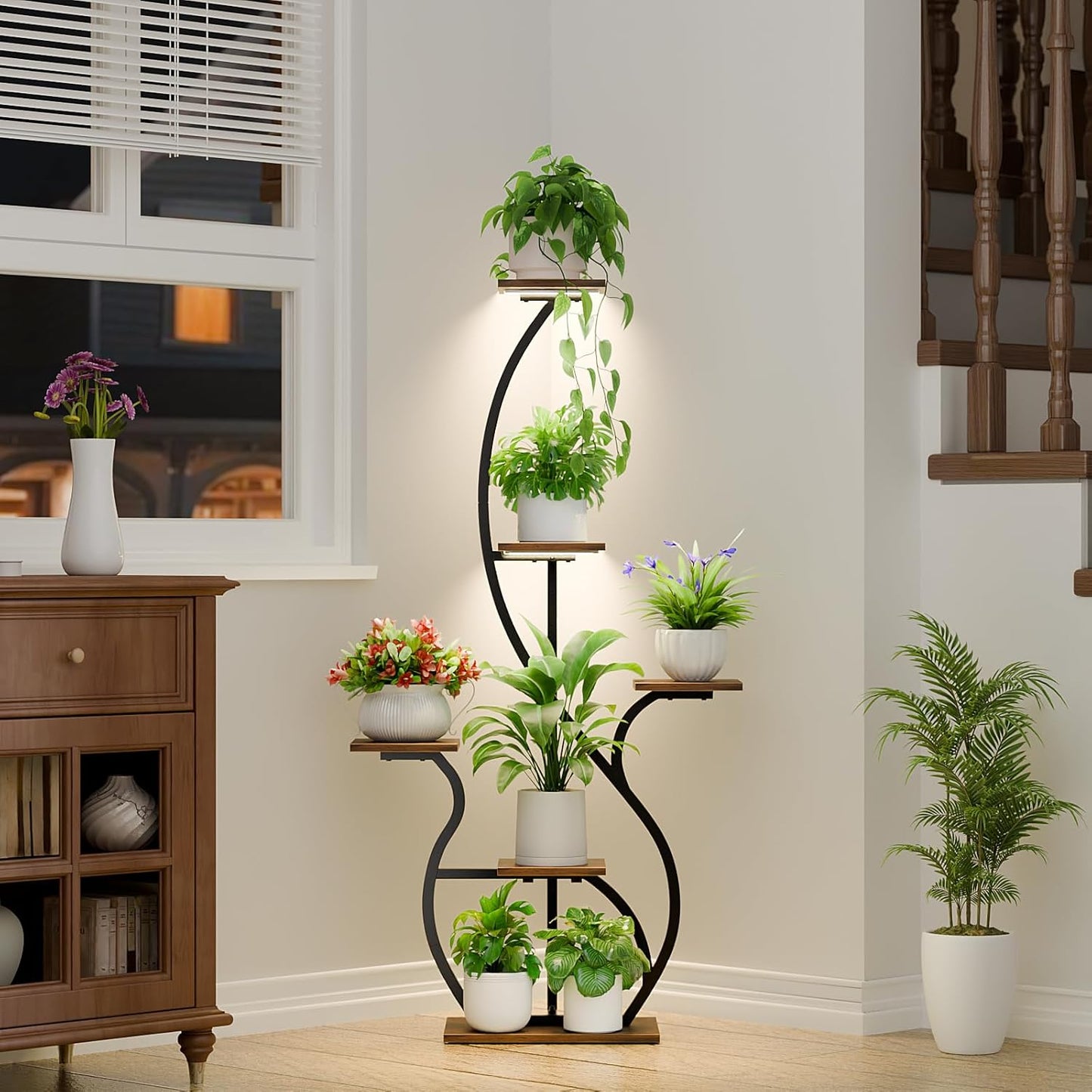 Plant Stand Indoor with Grow Light: 55" Tall Corner Shelf for Multiple Plants, Lighted Plant Stands for Indoor Growing, 6 Tiered S-Shaped Flower Display Stand for Living Room, Patio, Balcony (Black)