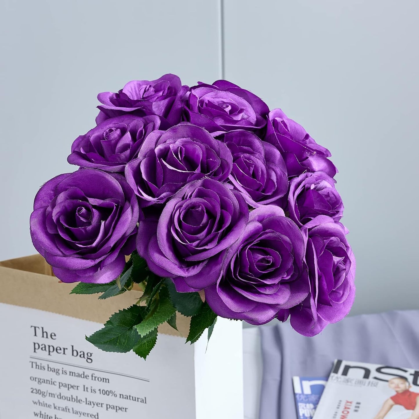 12Pcs Purple Roses Artificial Flowers Fake Roses Silk Flowers Real Touch Rose with Long Stems for Wedding Home Office Baby Shower Party Centerpieces Decorations