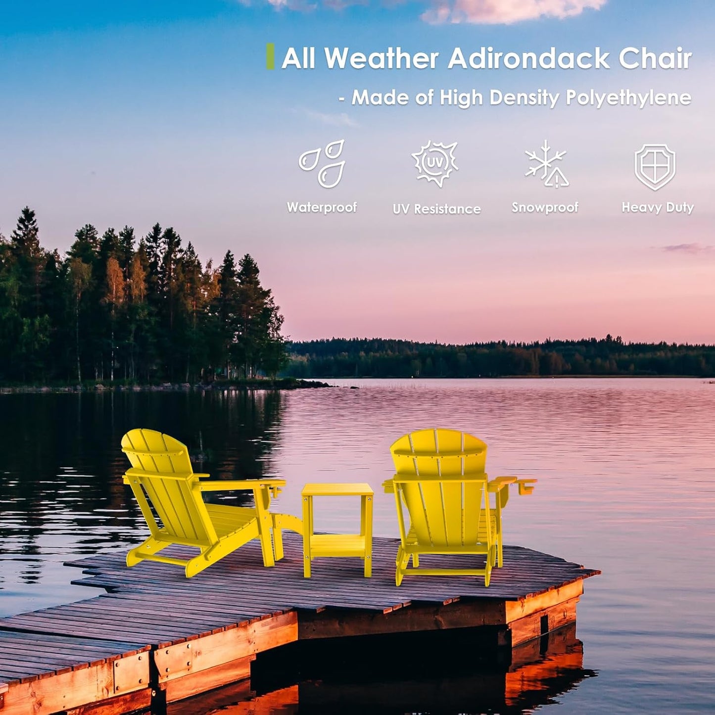 GREENVINES Folding-Adirondack-Chair | HDPE Plastic | Fire Pit Chairs | All Weather | Cup Holder | Yellow | for Deck Backyard Patio Outdoor Garden