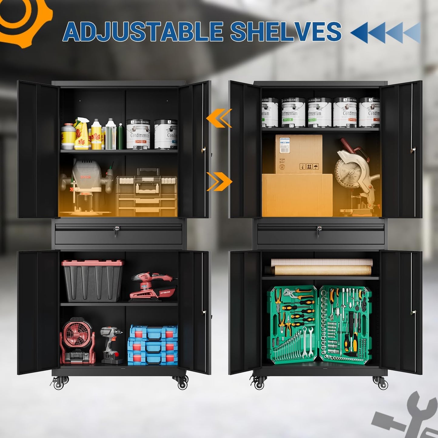 Fesbos 73" Metal Cabinet-Black Heavy Duty Rolling Storage Cabinet Steel Tool Cabinets with Wheels, Shelves, Lockable Doors and Drawers- for Garage, Pantry, Warehouse Home Office- Assembly Required